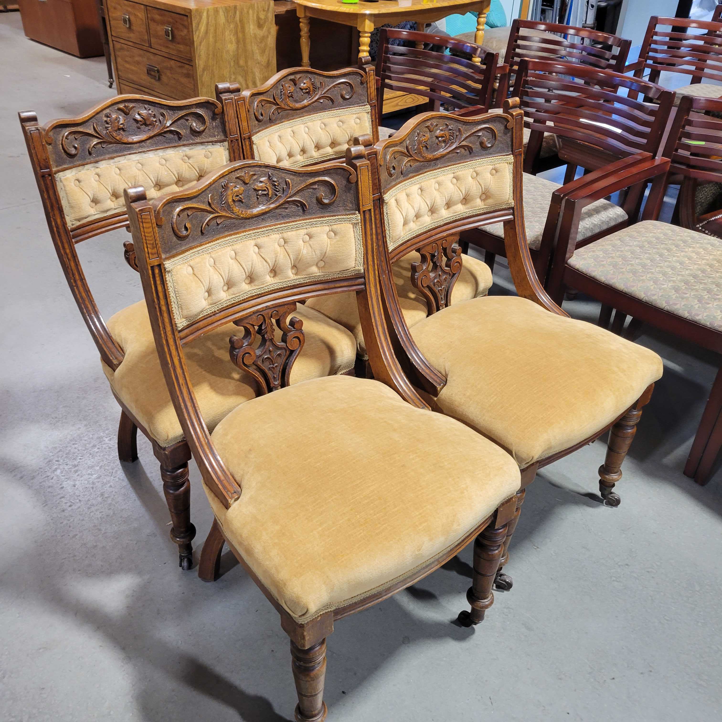 Set of 4 Antique Ornate Carved Wood and Gold Velvet Dining Chairs