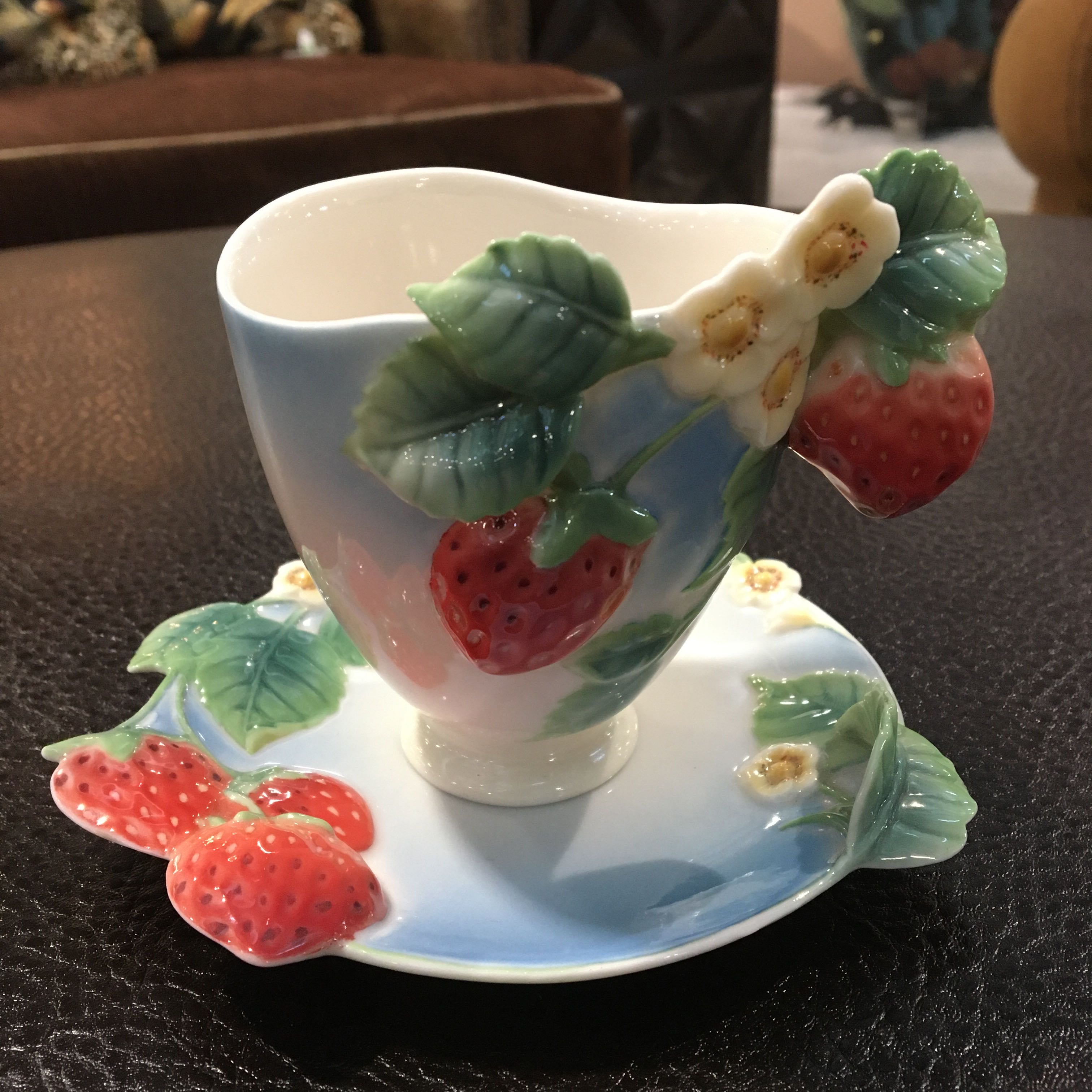 Franz Sculpt Porcelain Strawberry Fruit Tea Cup and Saucer