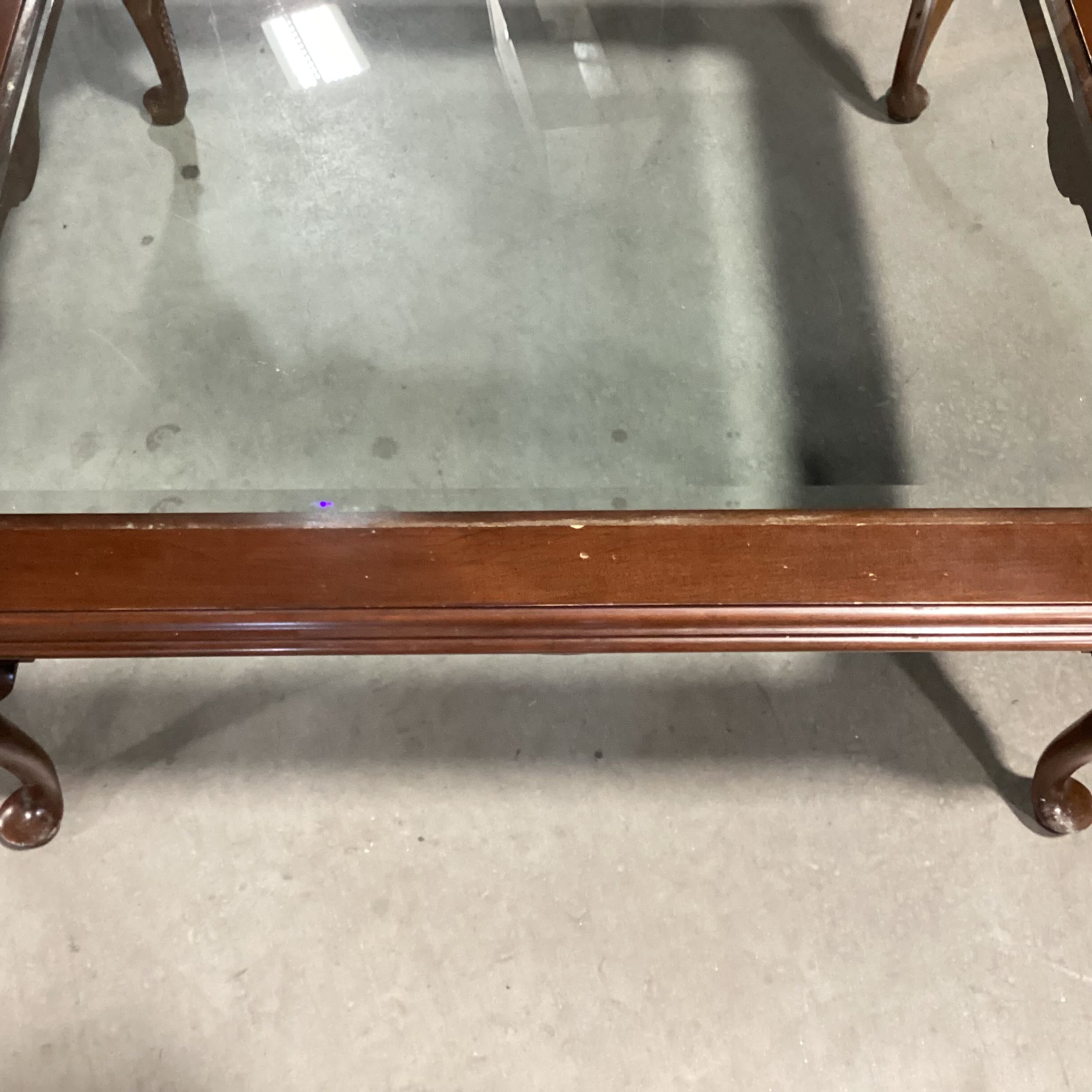 Square Wood Glass Inset Bowed Legs Coffee Table