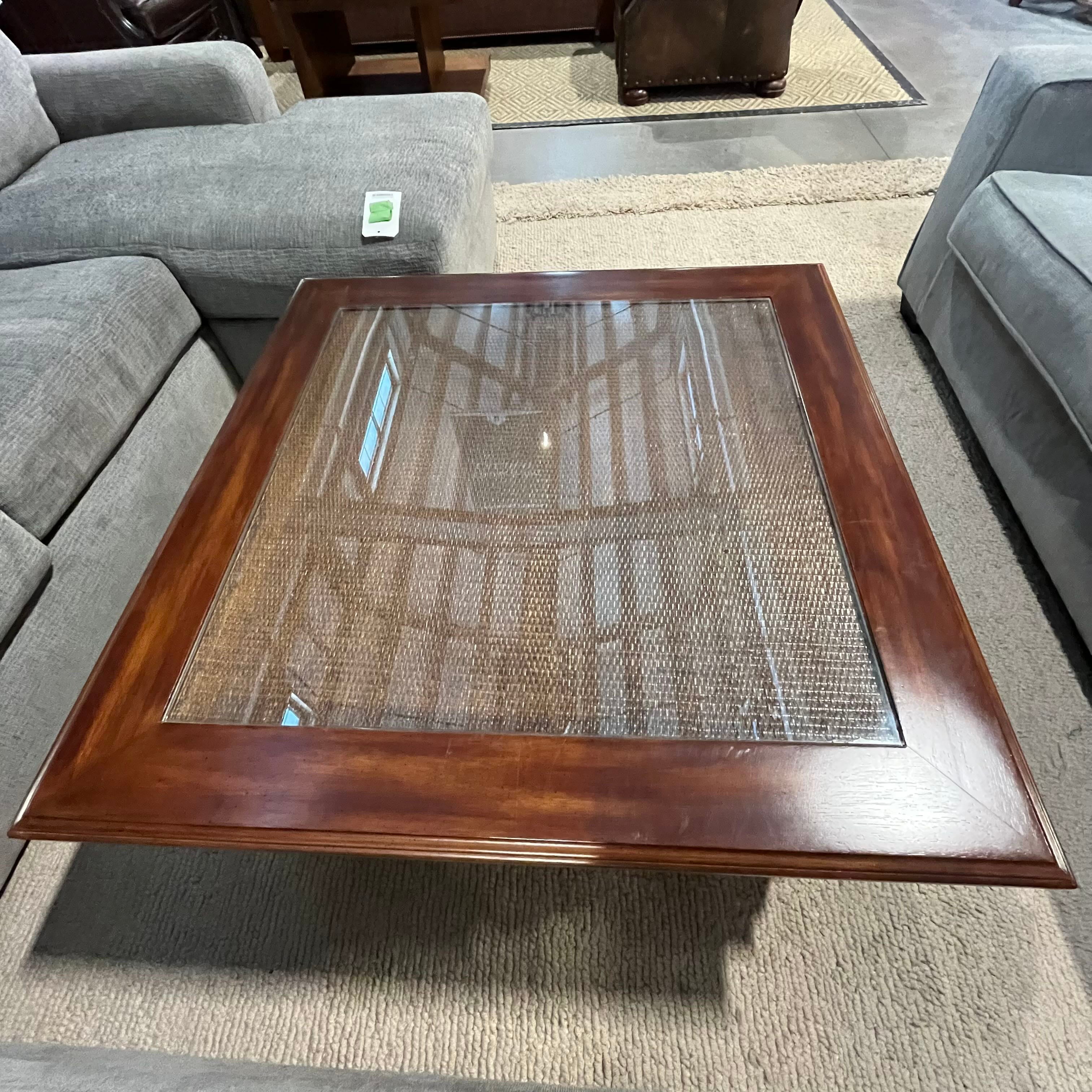 40"x 40"x 20" Carved Wood Inset Wicker & Glass Top Coffee Table