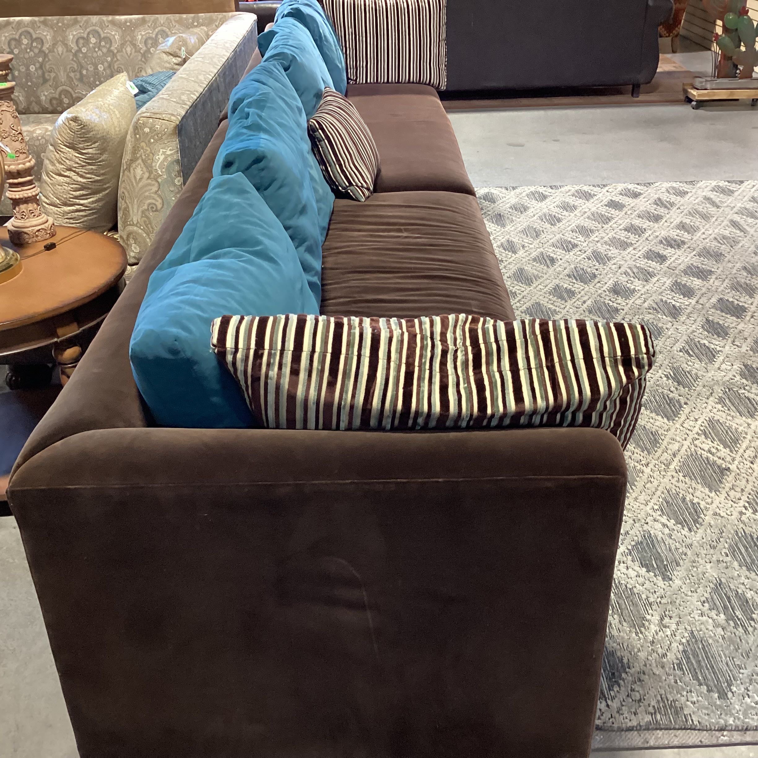2 Piece Kravet Furniture Brown Velvet with Teal Cushions Long Sofa