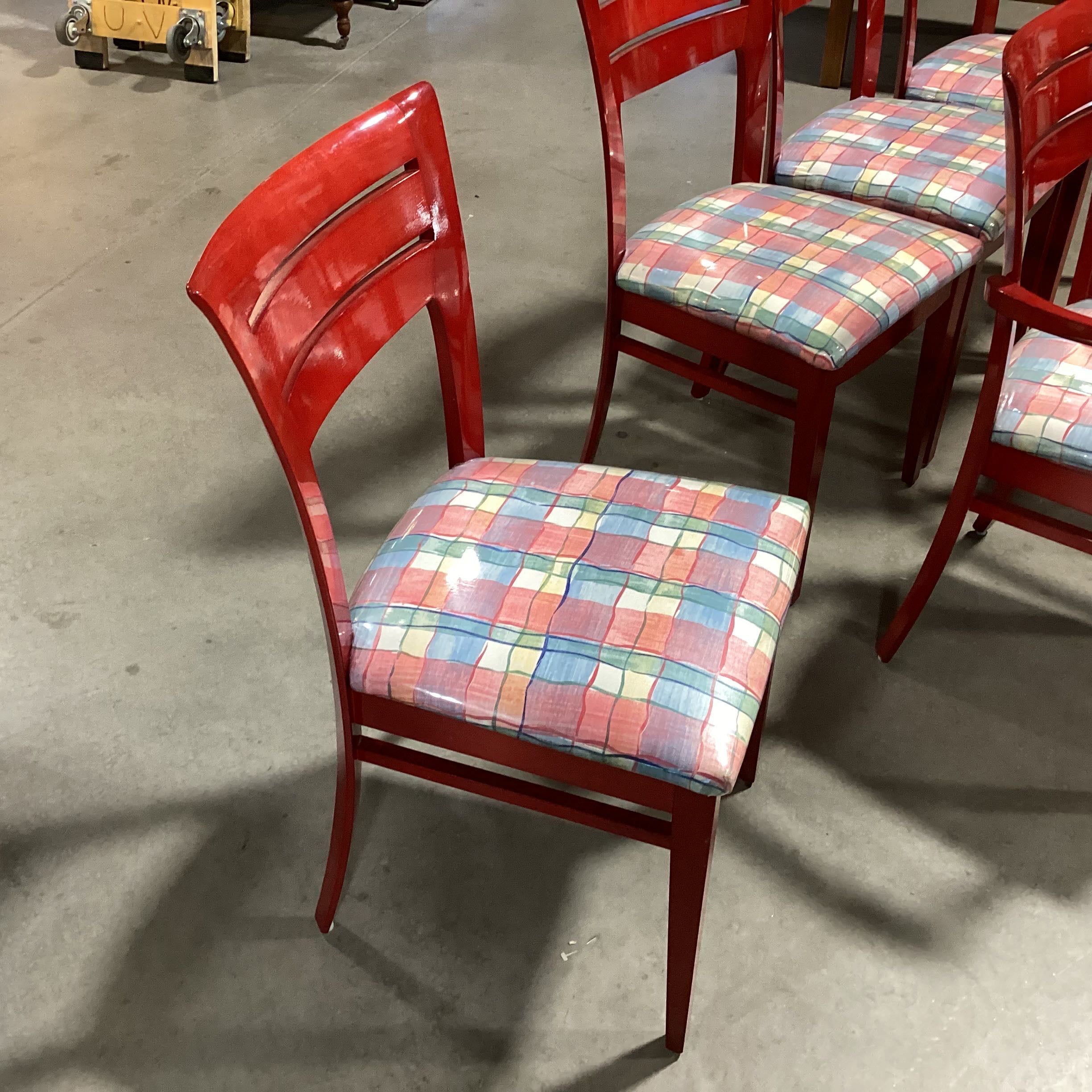 Set of 6 Red Lacquer and Chintz Plaid with Plastic Cover Dining Chairs