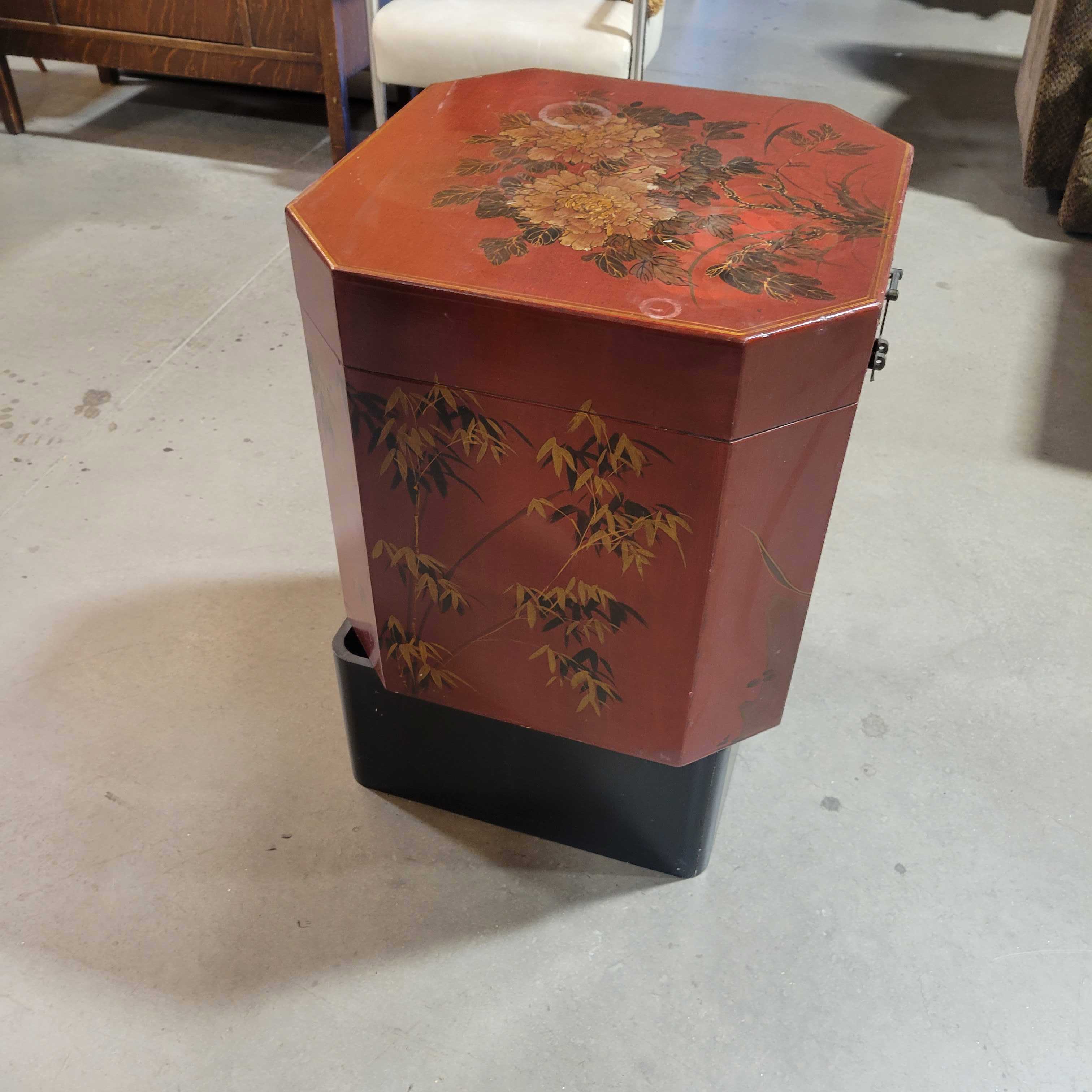 Asian Red Lacquer with Hand Painted Floral Trunk Box End Table