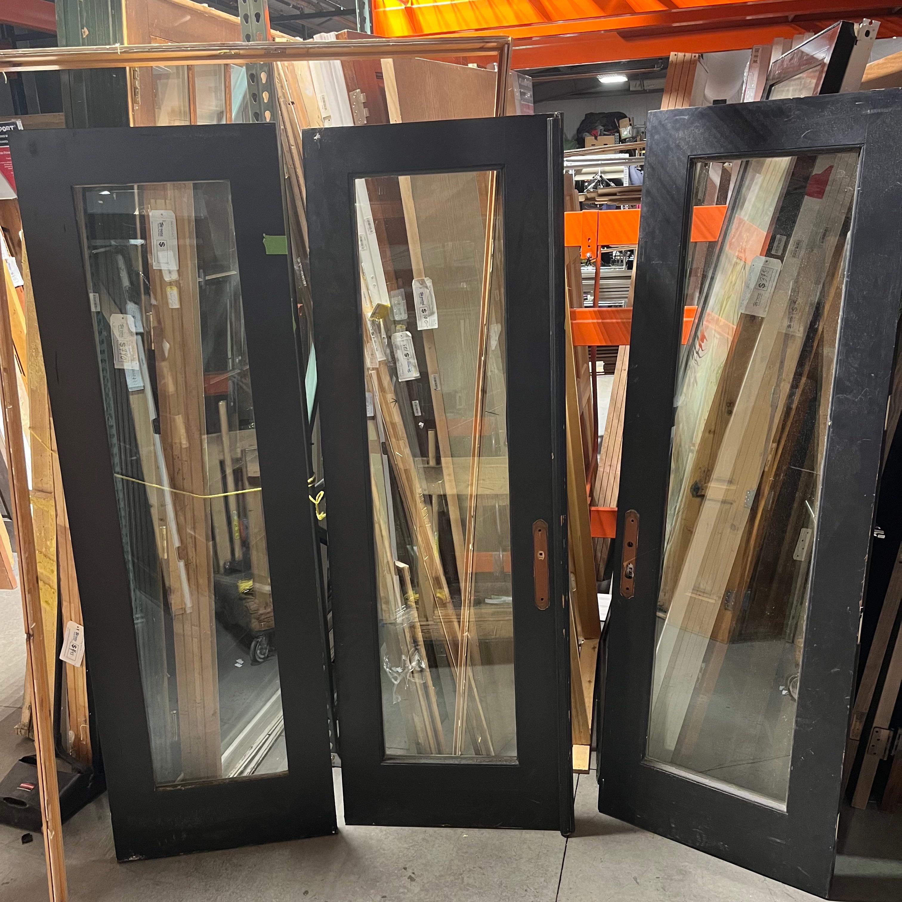 Doors: 27.5" & 28.25"x 84"x 1.75" Panel: 26.5" Single Glass Panel Each Painted Navy Blue Solid Pine with Panel Exterior/Interior French Doors