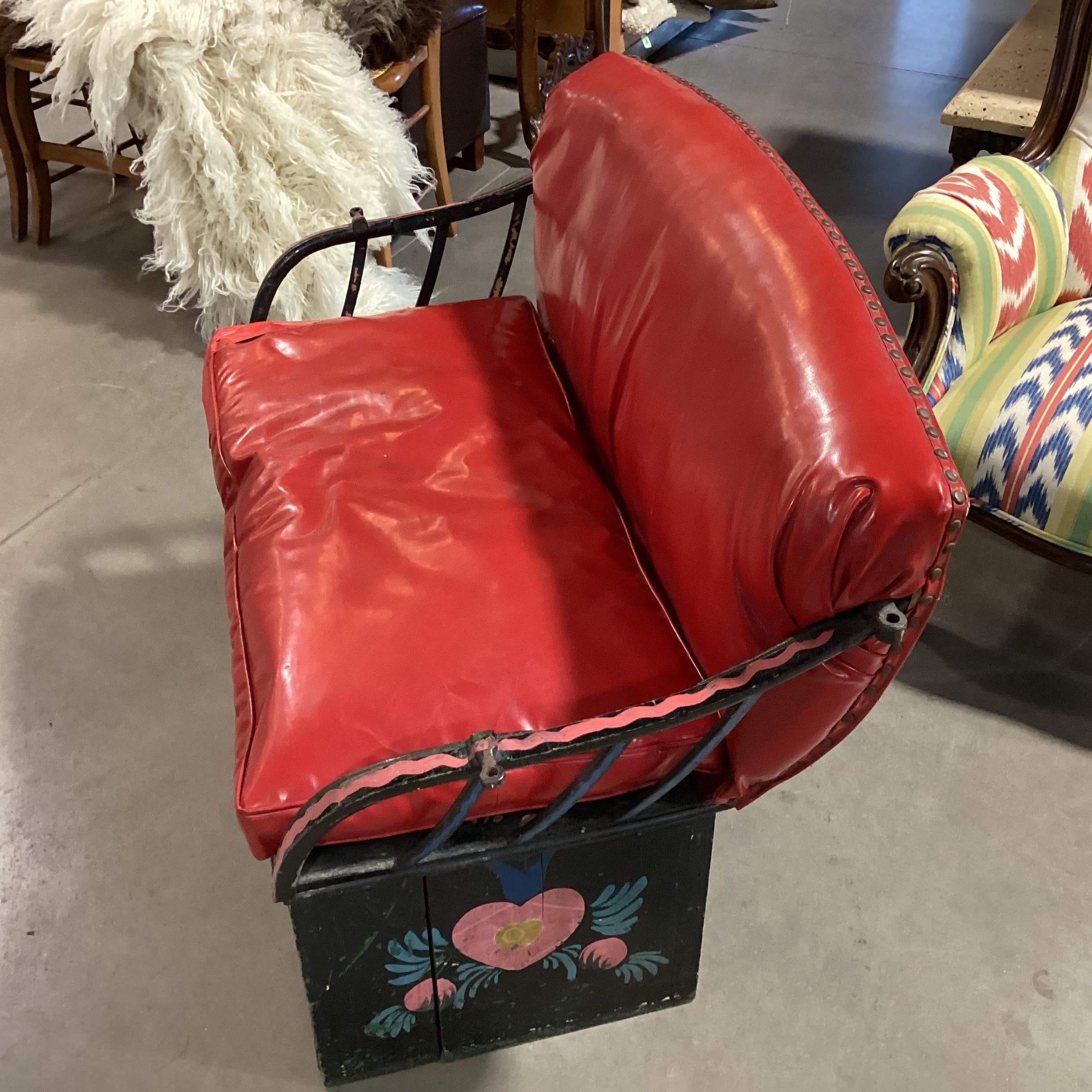 Antique Hand Painted & Red Faux Leather Buggy Bench