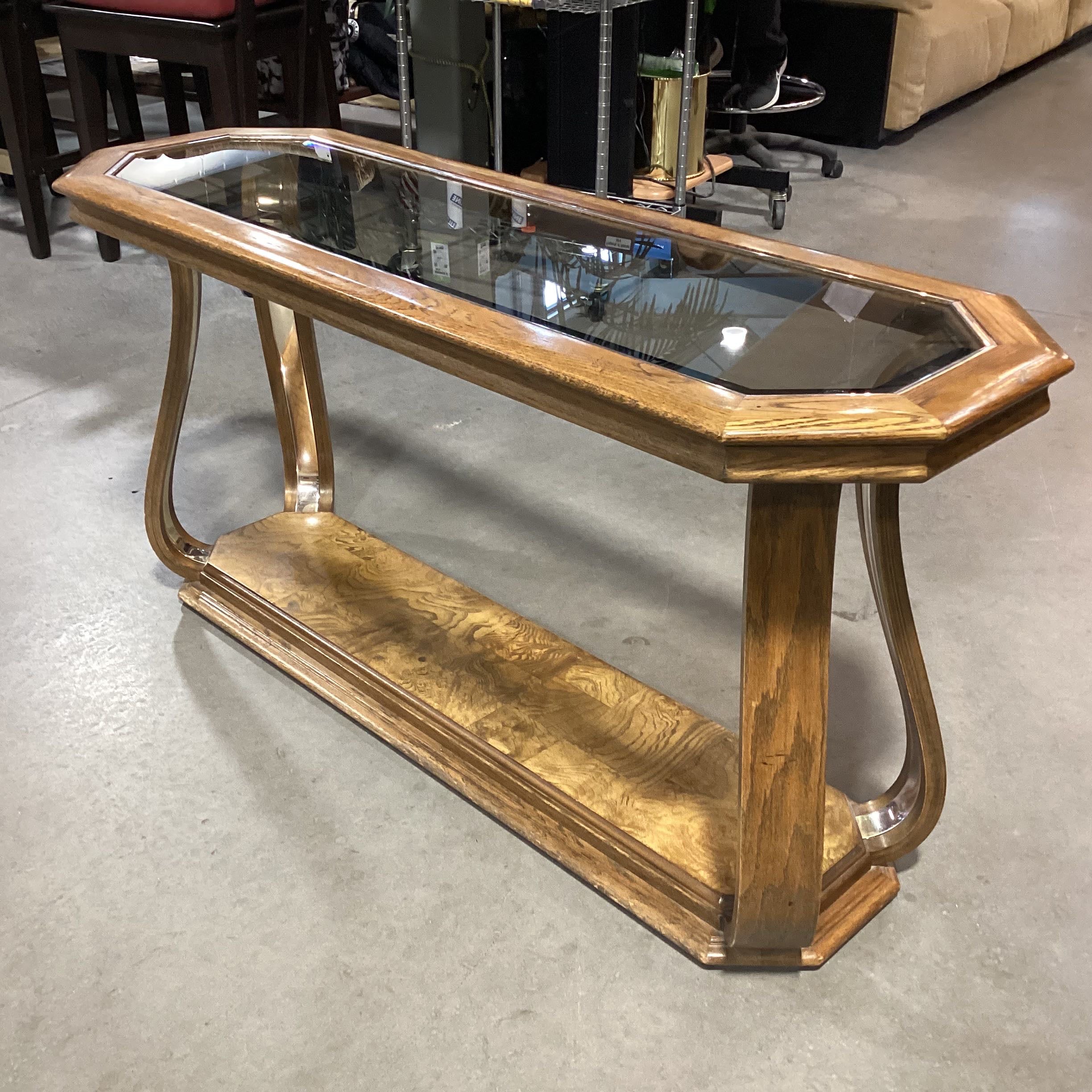 Oak & Burlwood Veneer Bottom Shelf Glasstop Sofa Table