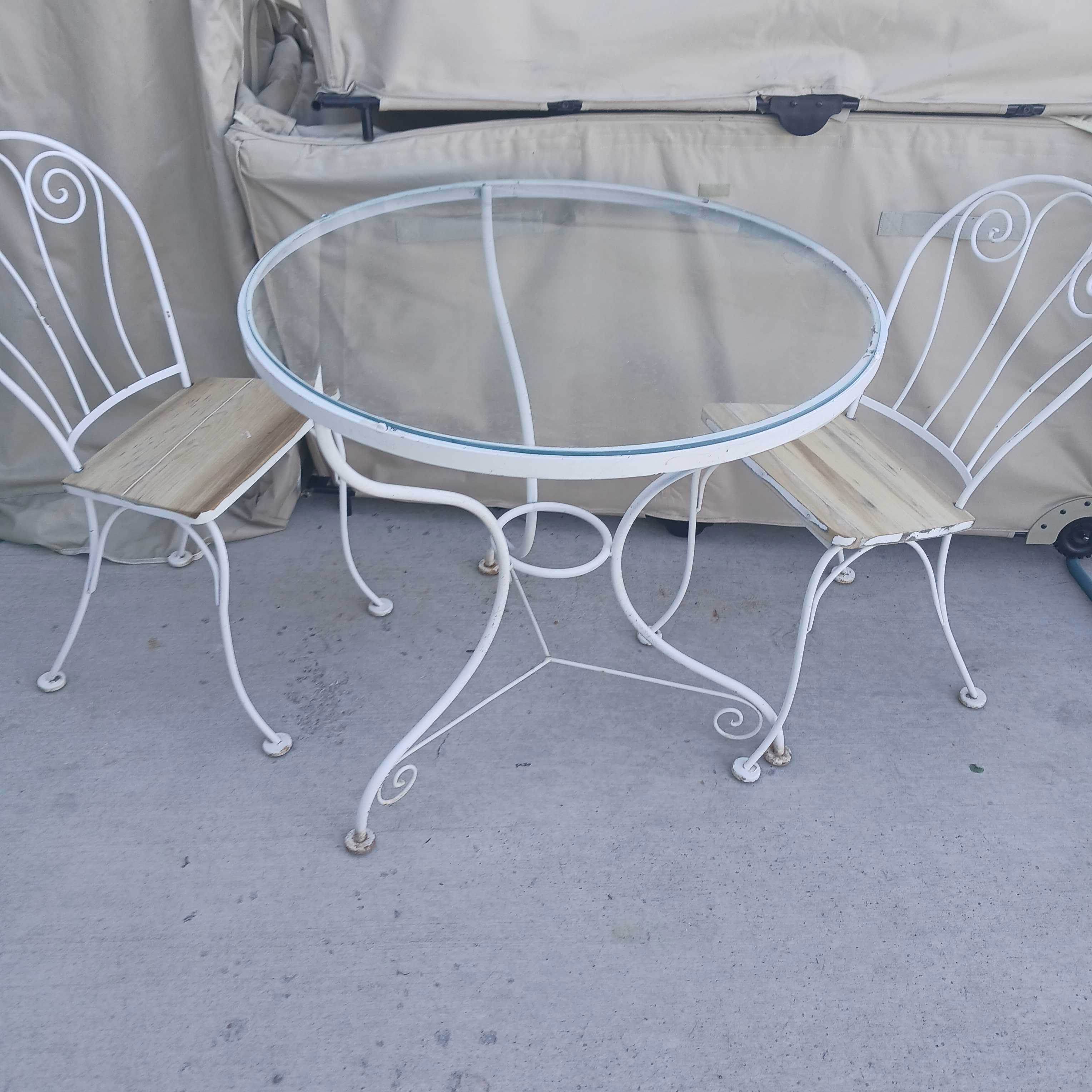 White Metal Glass Top Table with Chairs Patio Set
