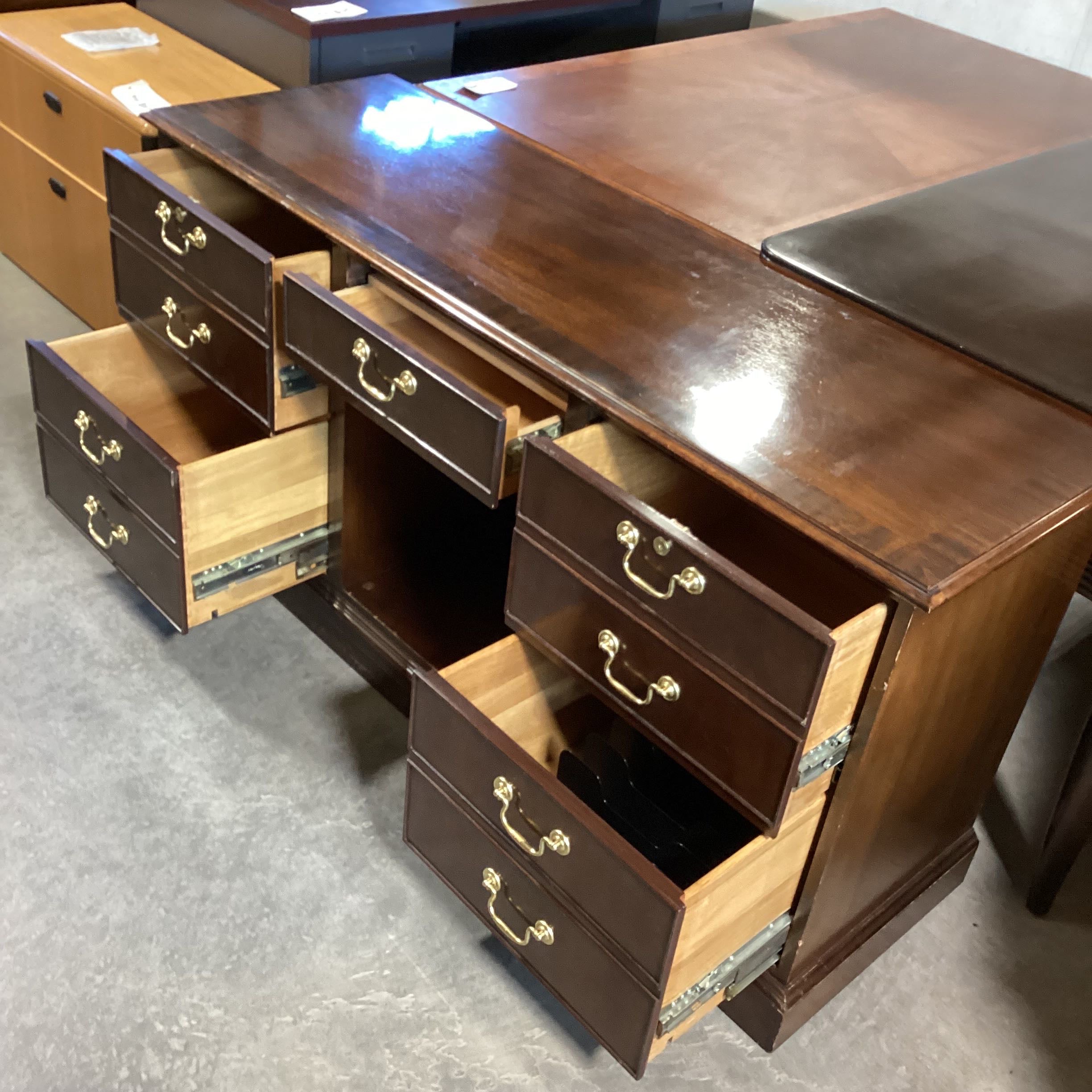 5 Drawer Dark Finish Tiger Wood Accents Brass Hardware Desk