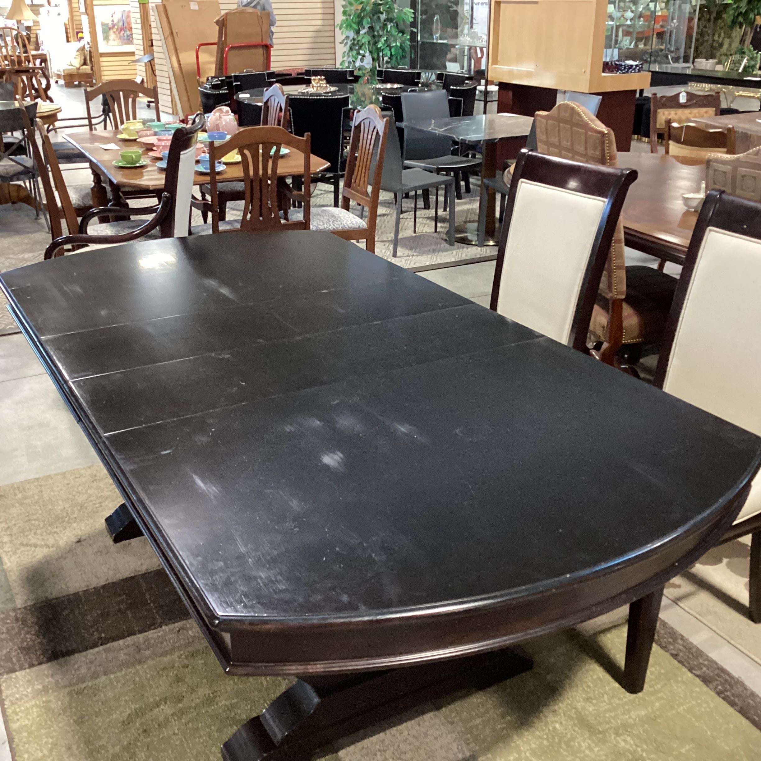 Ebony Espresso Dining Table with 2 Leaves and 6 Linen Covered Dining Chairs