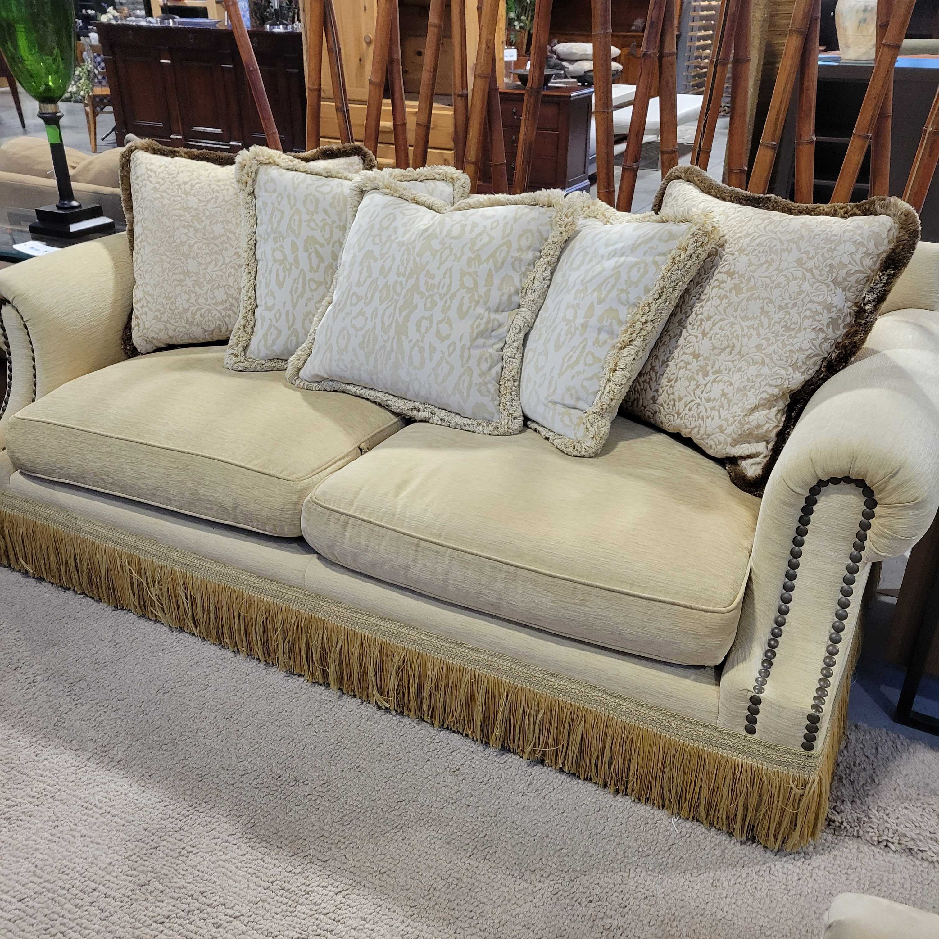 Custom Wheat Woven Nailhead and Fringe Down Sofa with 5 Back Accent Pillows