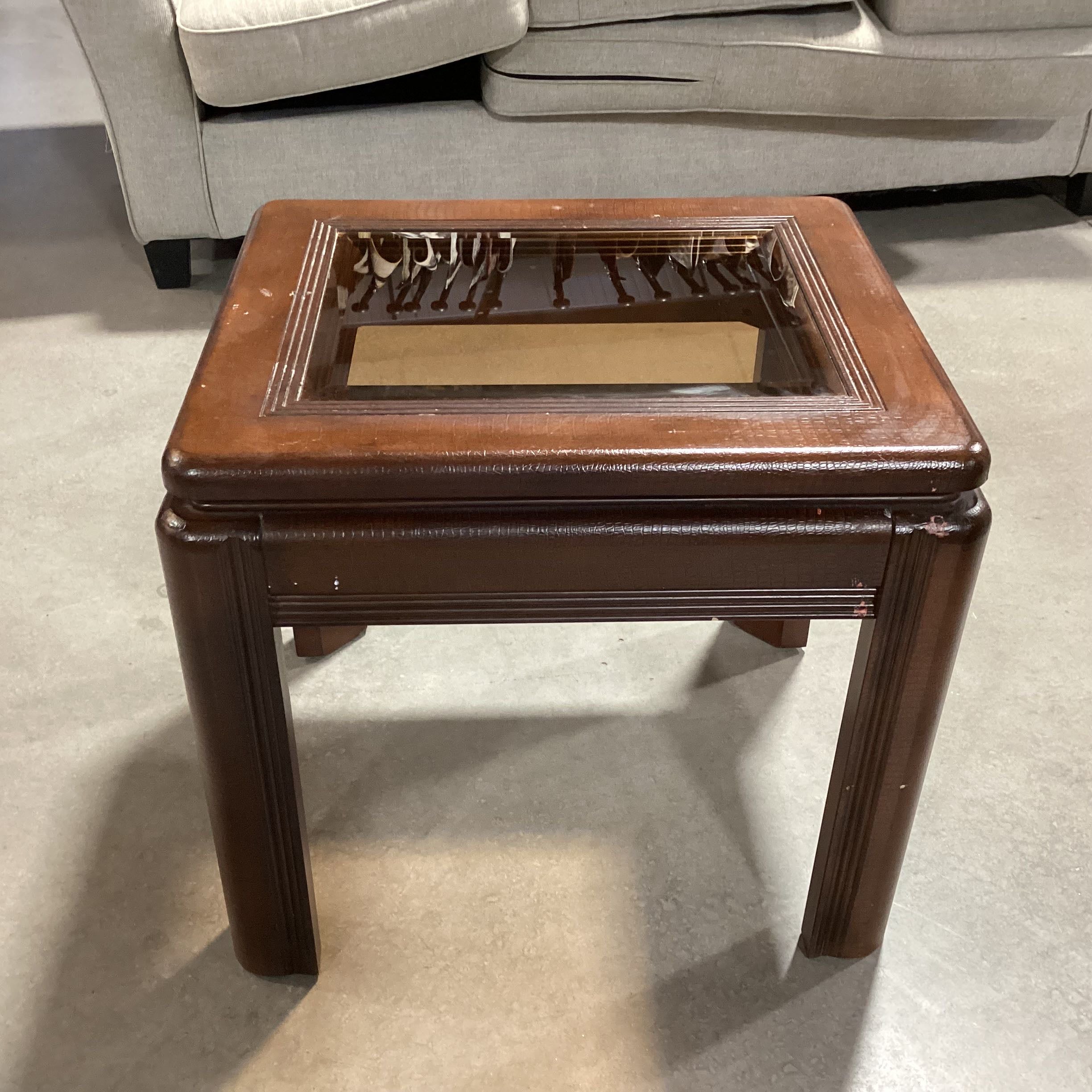 Leather Wrapped Glass Inset End Table