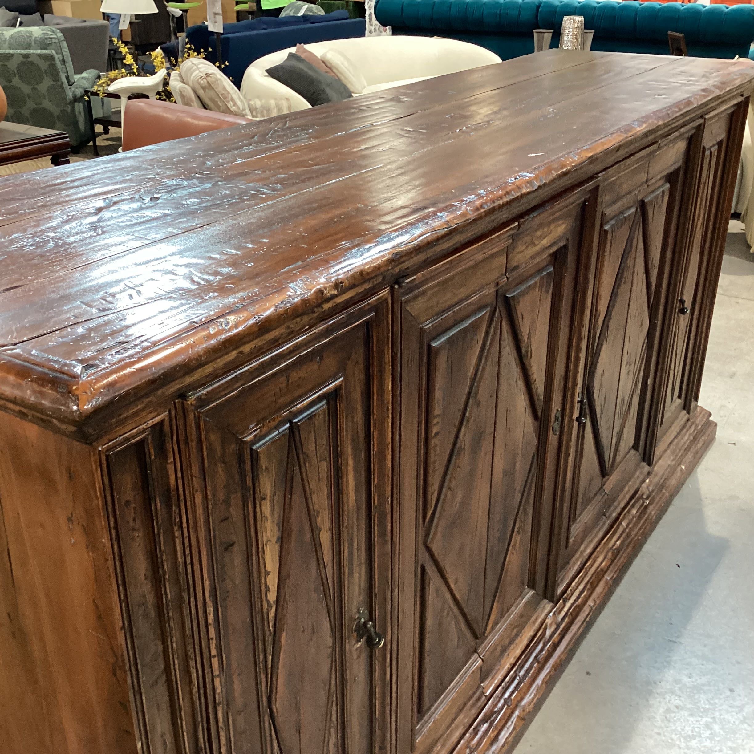 Custom Carved Distressed 4 Diamond Door Accent with Shelves Credenza