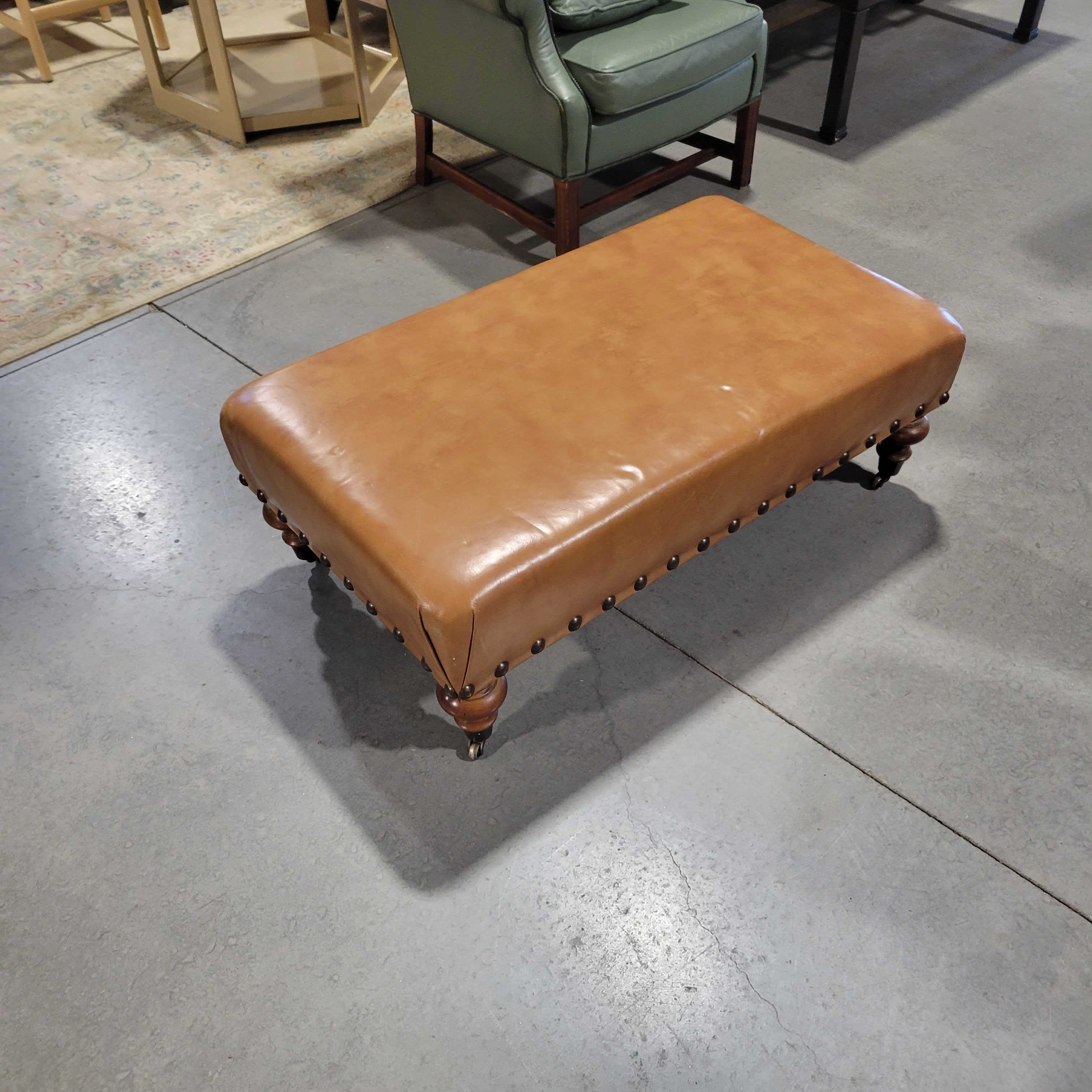 44"x 25"x 15" Brown Leather Nailhead Carved Wood on Casters Ottoman