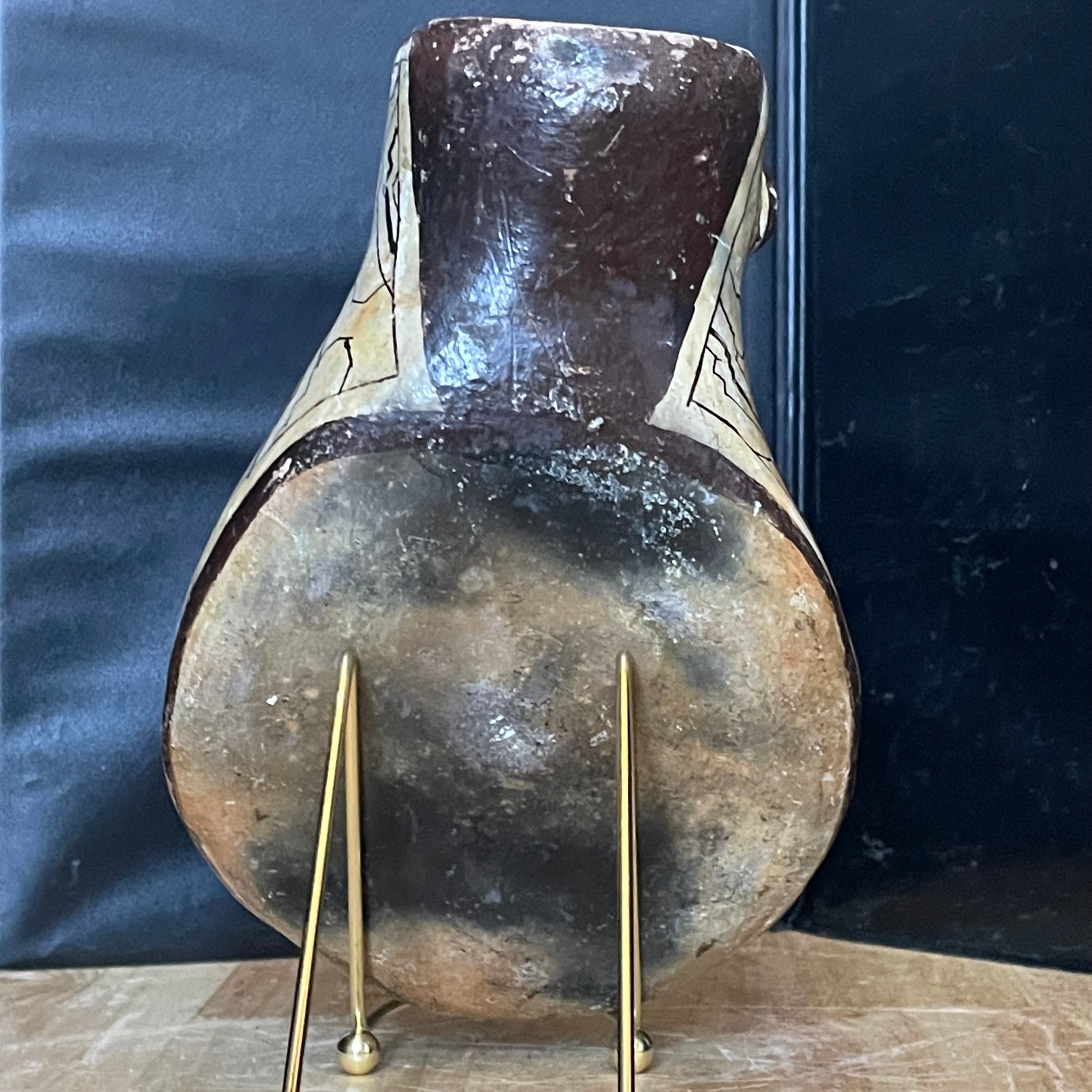 Antique Peruvian Shipibo Conibo Anthropomorphic Geometric Kene Pattern Pottery Vessel, 5.5"x 9"