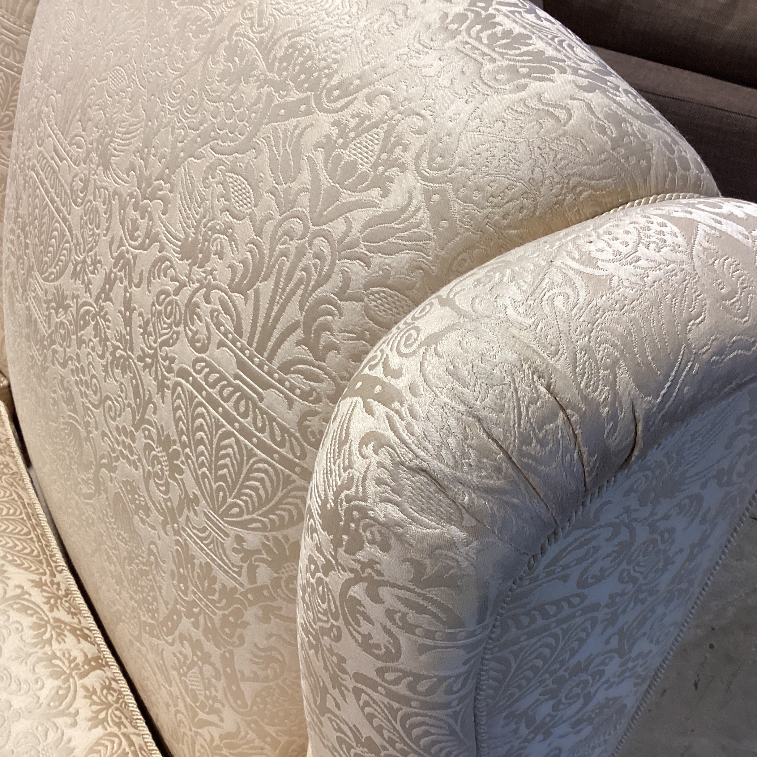Custom Gold Raised Stitched Floral Urns with Piping & Fringe Down Mix High Back Sofa 102"x 41"x 41"