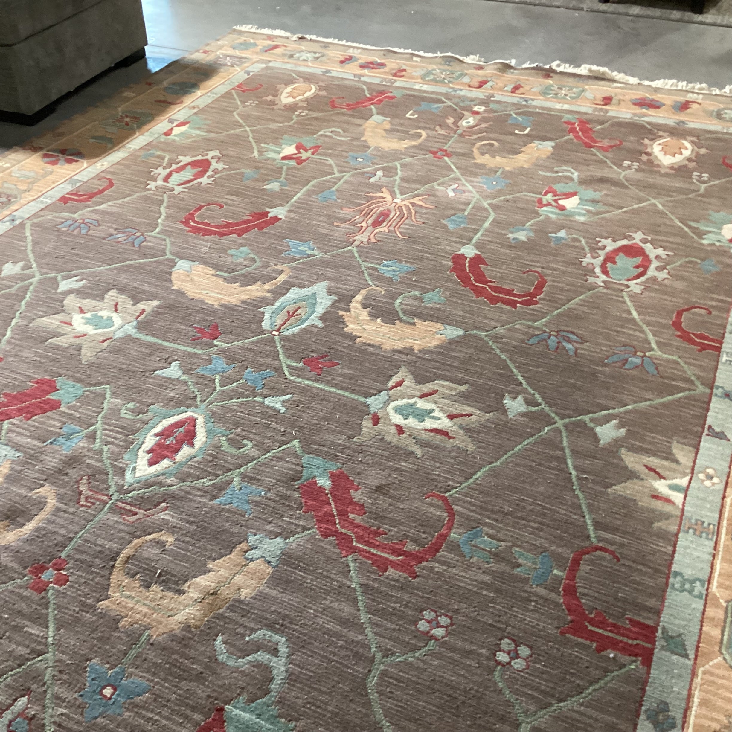Taupe Peach Red & Teal Floral with Border Hand Woven Wool Rug 9'1"x 12'1"