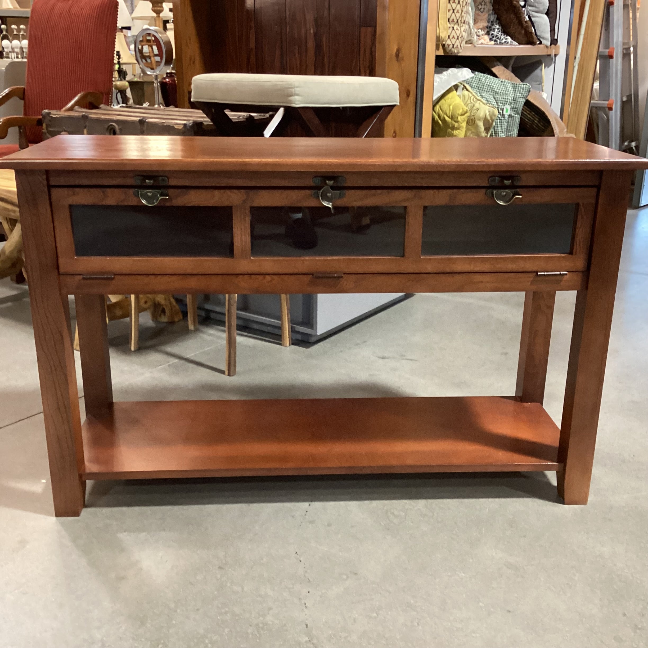 Finished Oak Flip Down Paned Glass Door & Bottom Shelf Console 46"x 16"x 29.5"