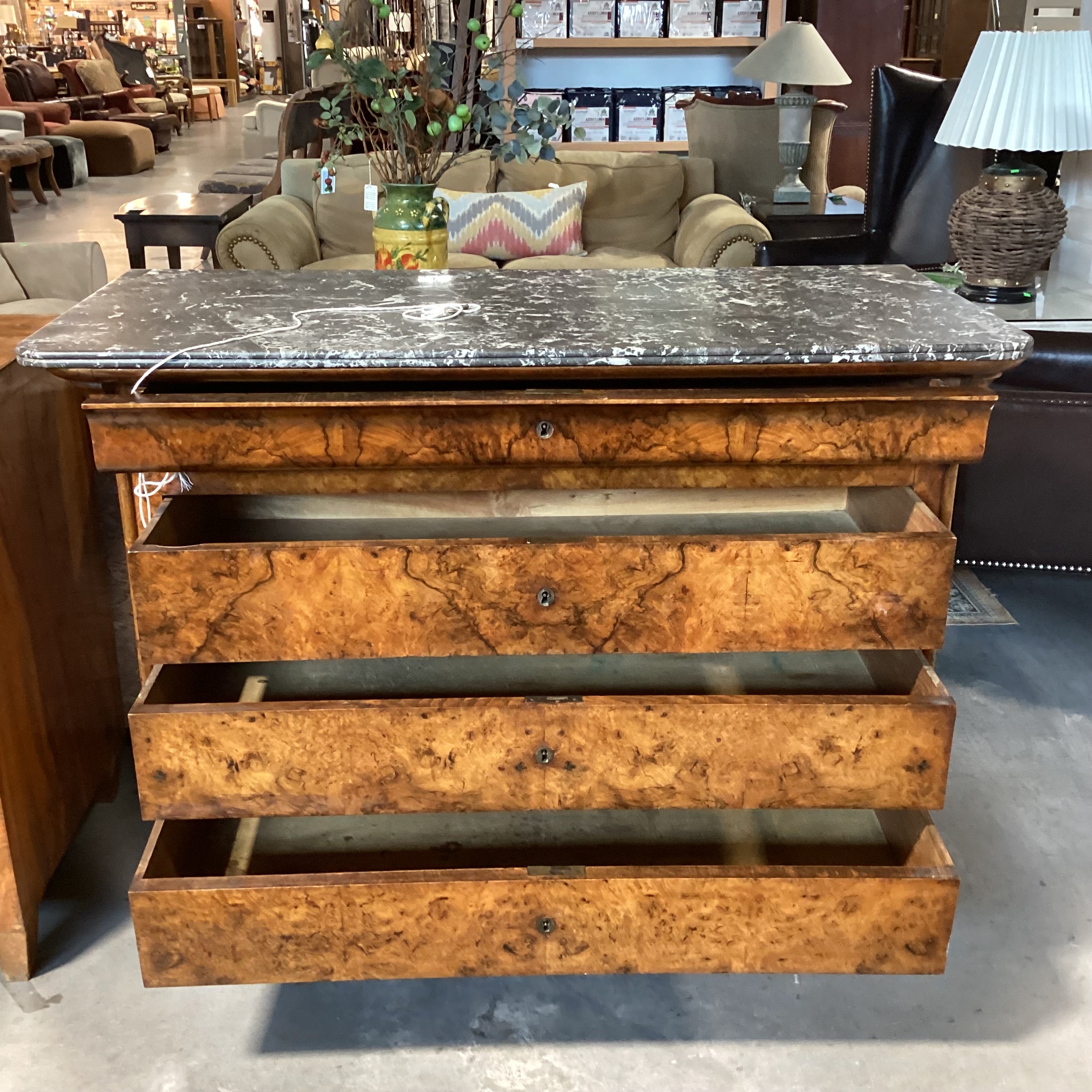 Antique Mediterranean Olive Burl 4 Drawer with Marble Top Desk 52"x 24.5"x 39"