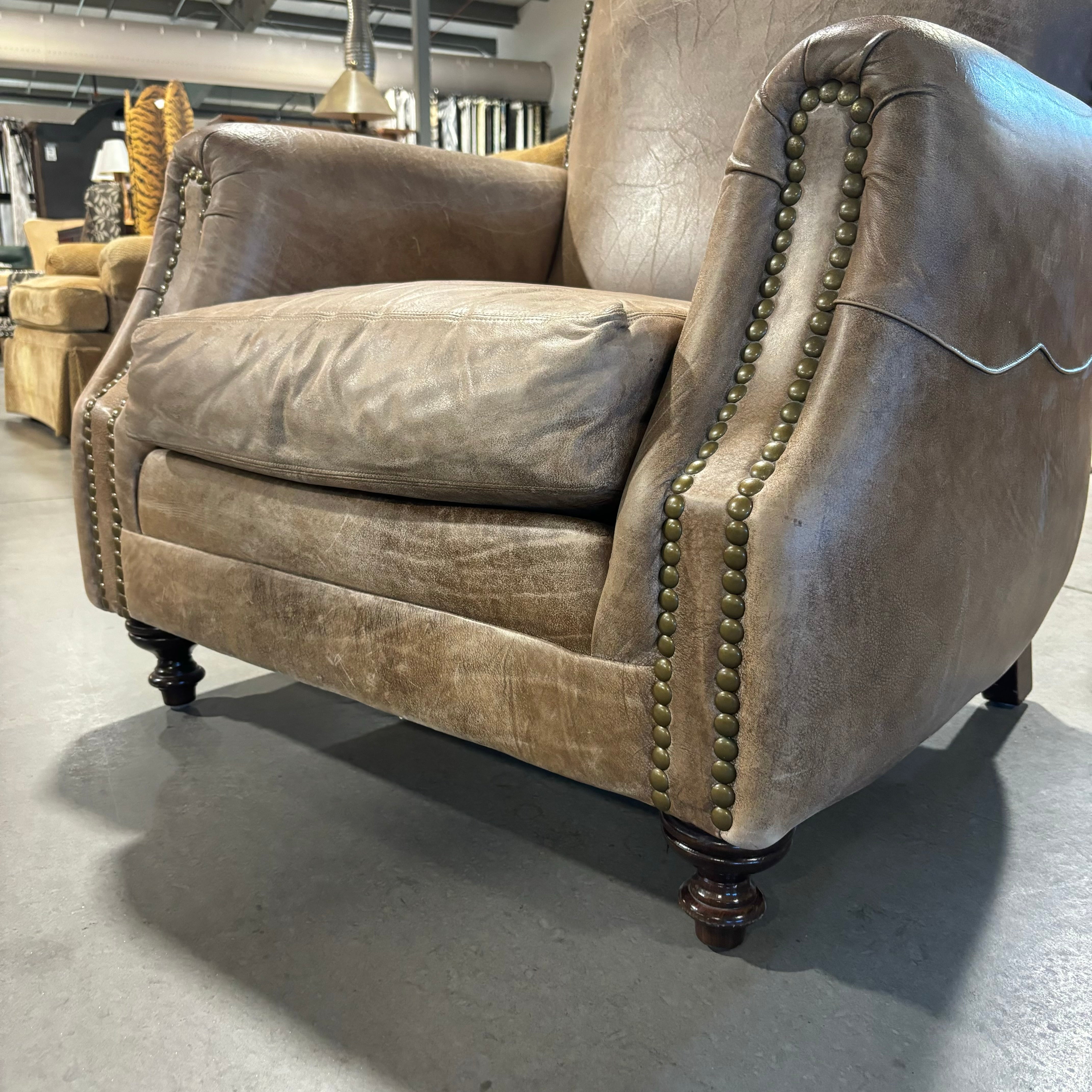 Expressions Furniture Leather Nailhead with Wood Feet Lounge Chair 38"x 36"x 40"