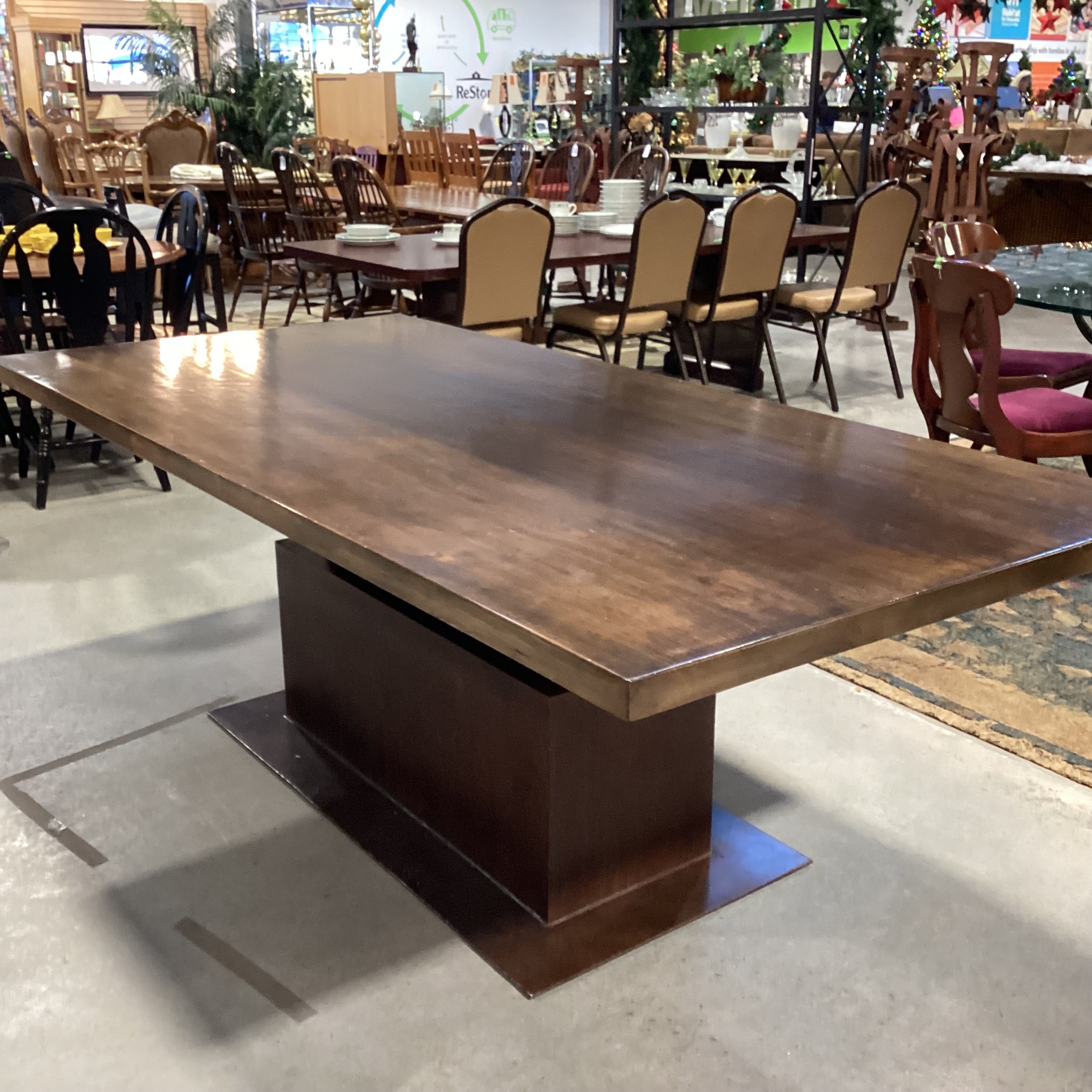 Modern Finished Wood & Steel Pedestal Dining Table 88"x 42"x 29.5"