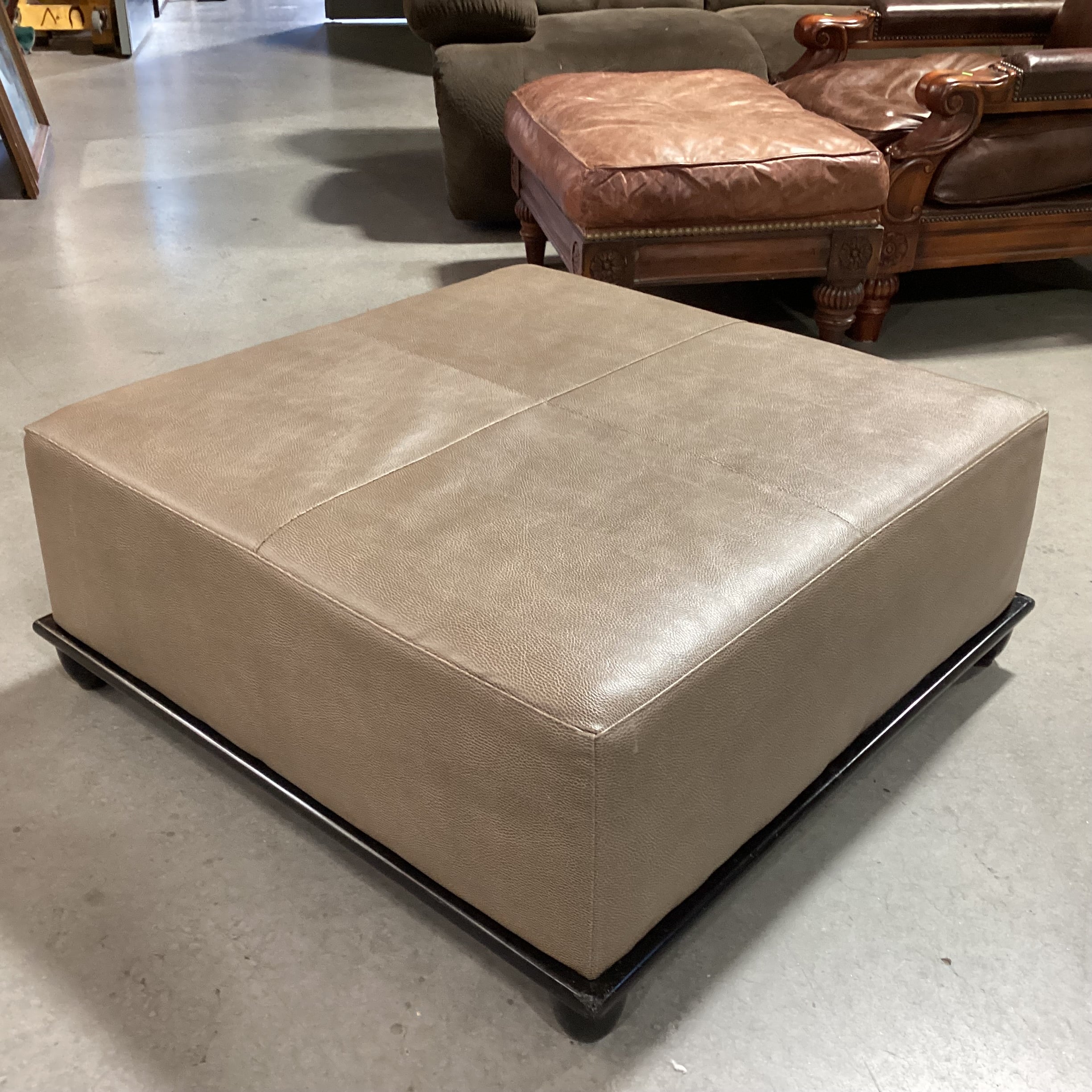 Baker Milling Road Collection Taupe Brown Textured Leather & Black Wood Base Ottoman 38"x 38"x 16"