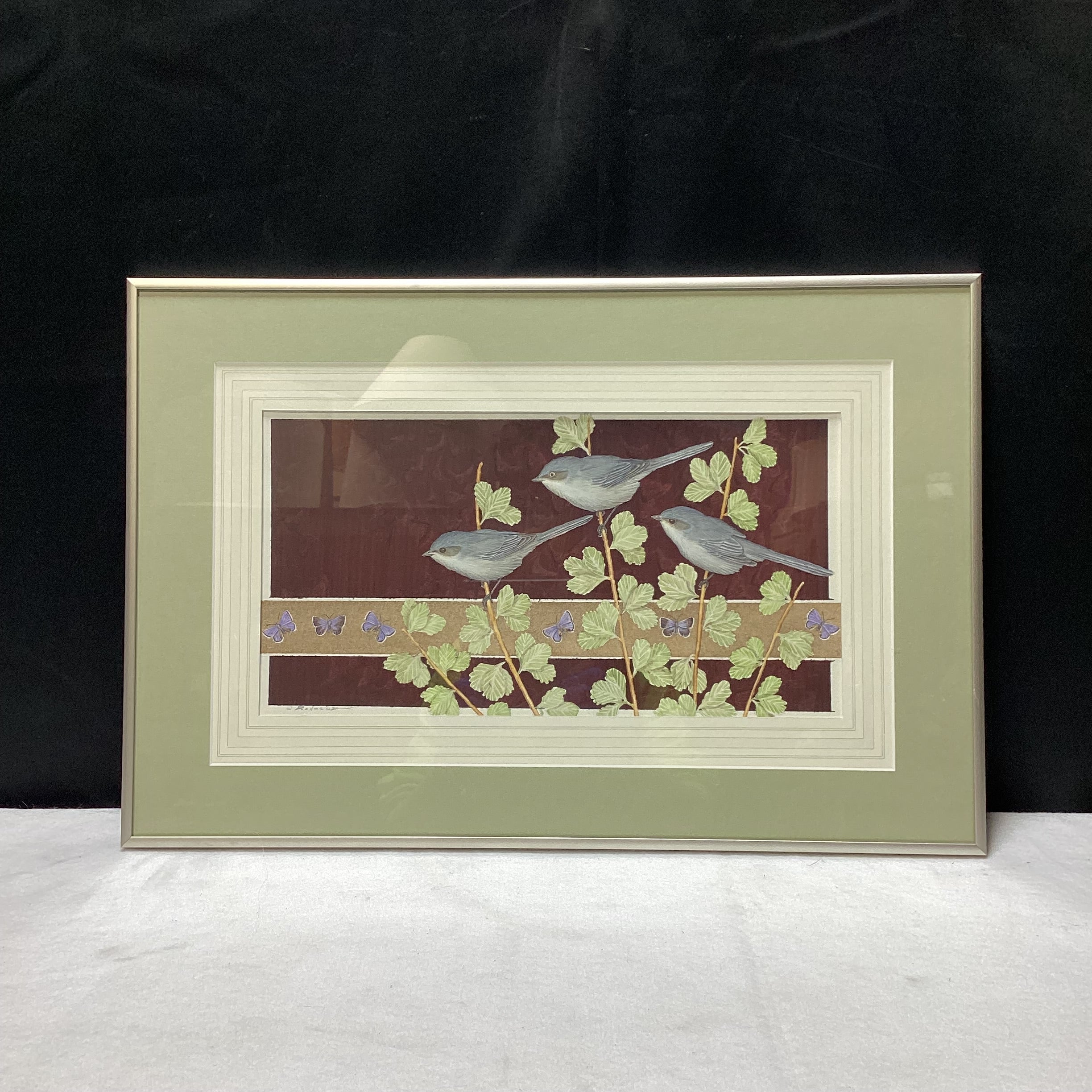 Radeaux Signed Birds and Butterflies Watercolor Original In Silver Frame 21.5" x 14.5"