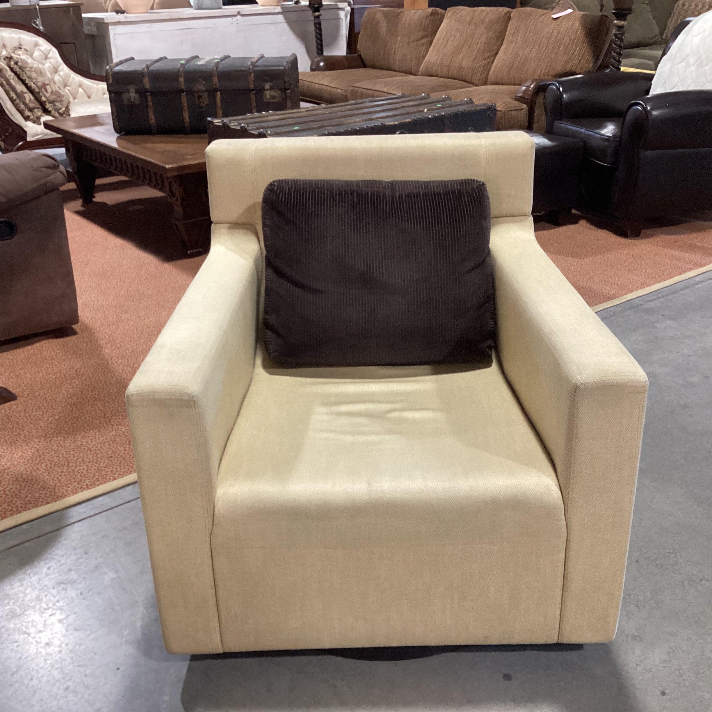 Custom Gold Woven Slope Arm Curved Back Swivel Chair 35"x 38"x 33"