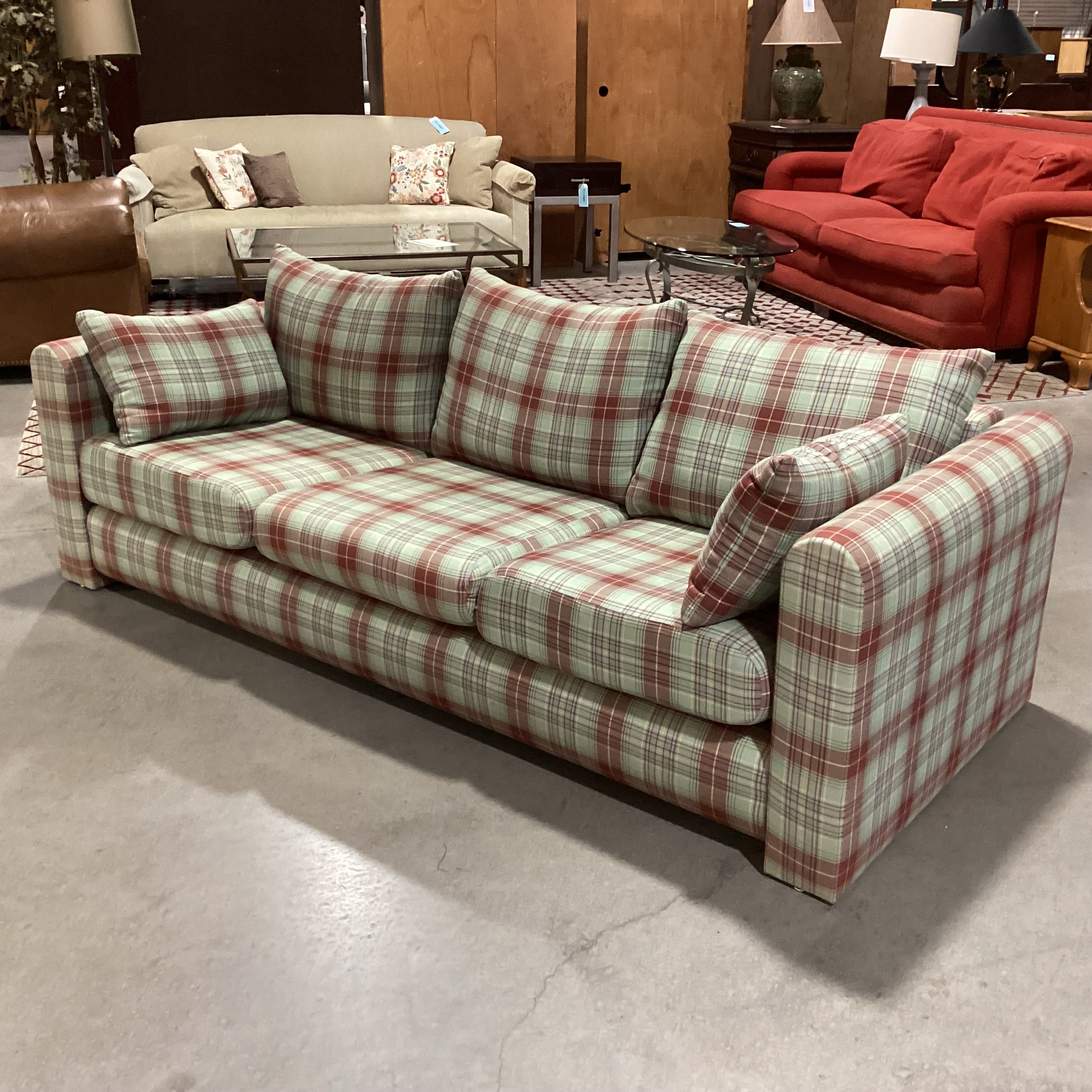 Green Rust Blue Woven Plaid Sofa 87"x 36"x 25"