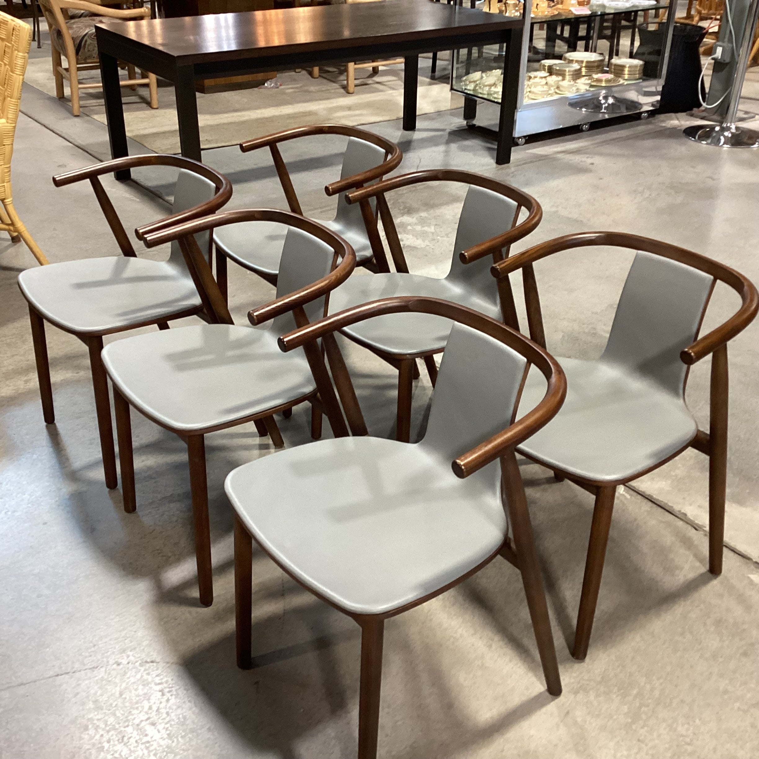 SET of 6 Cappellini Bac Grey Leather & Walnut Modern Dining Chairs 21"x 20"x 29"