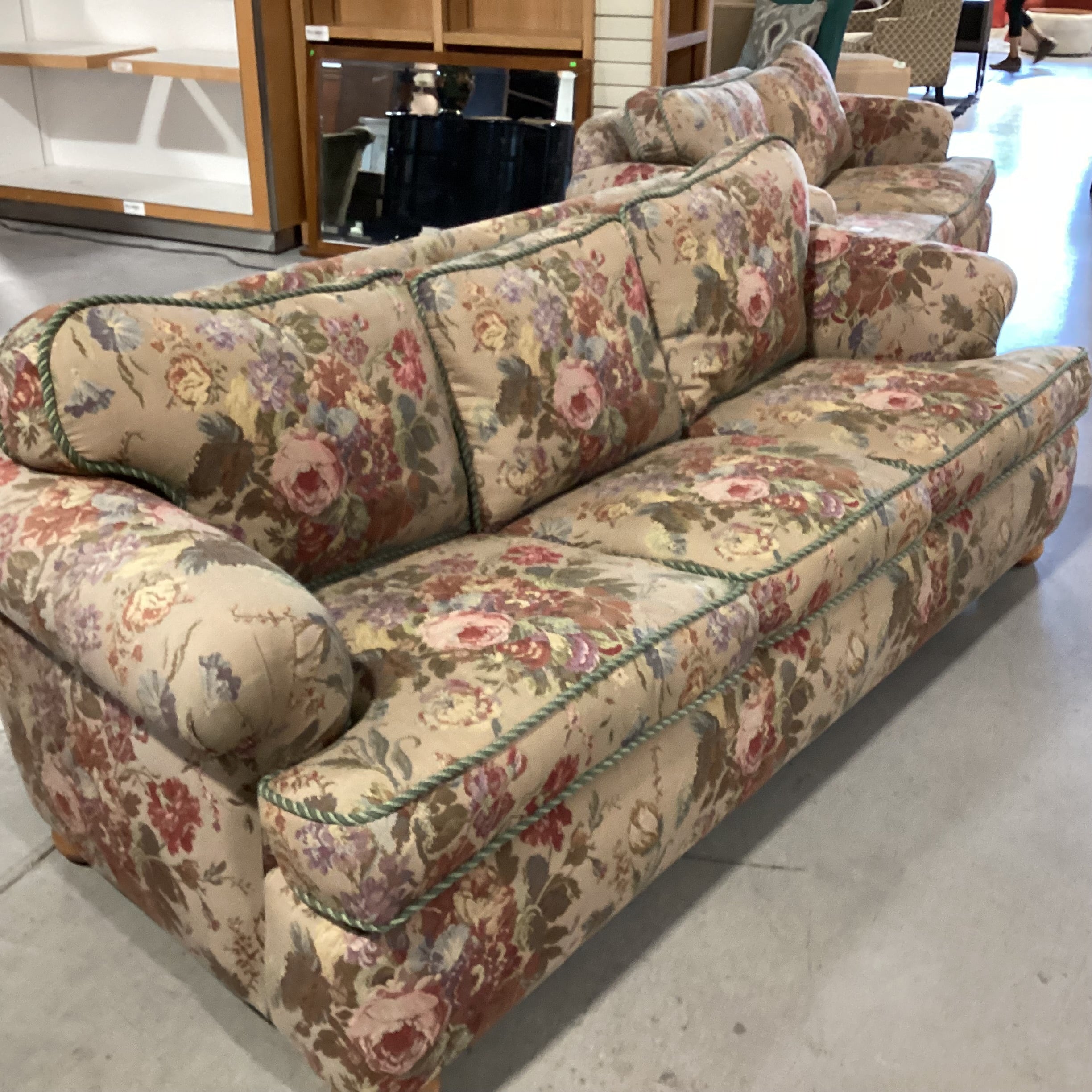 D. Langston Floral Needle Point Style with Piping & Down Mix Sofa 86"x 39"x 29"