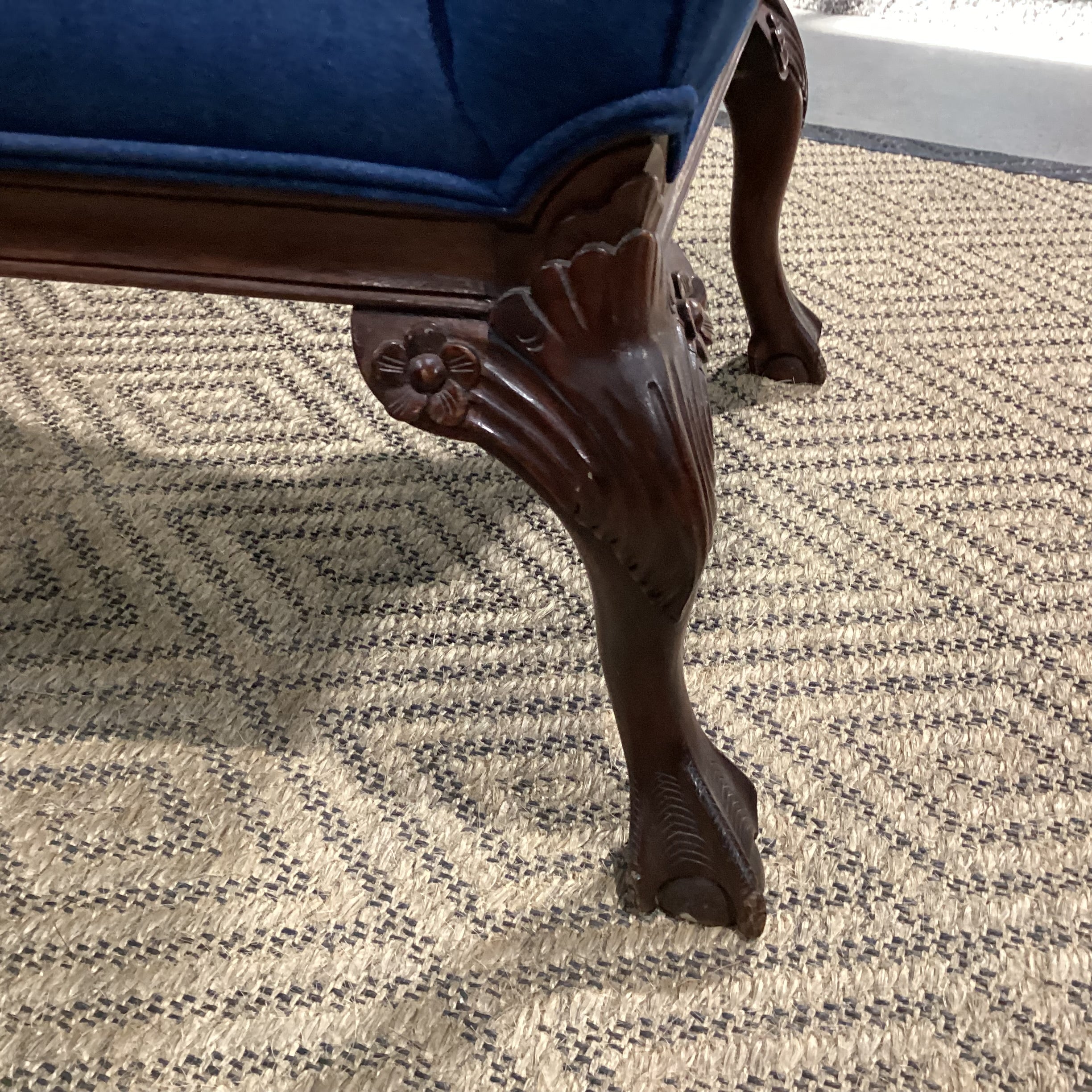 Antique Carved Wood Claw & Ball Foot & Denim Upholstered Chair 29"x 32"x 38"