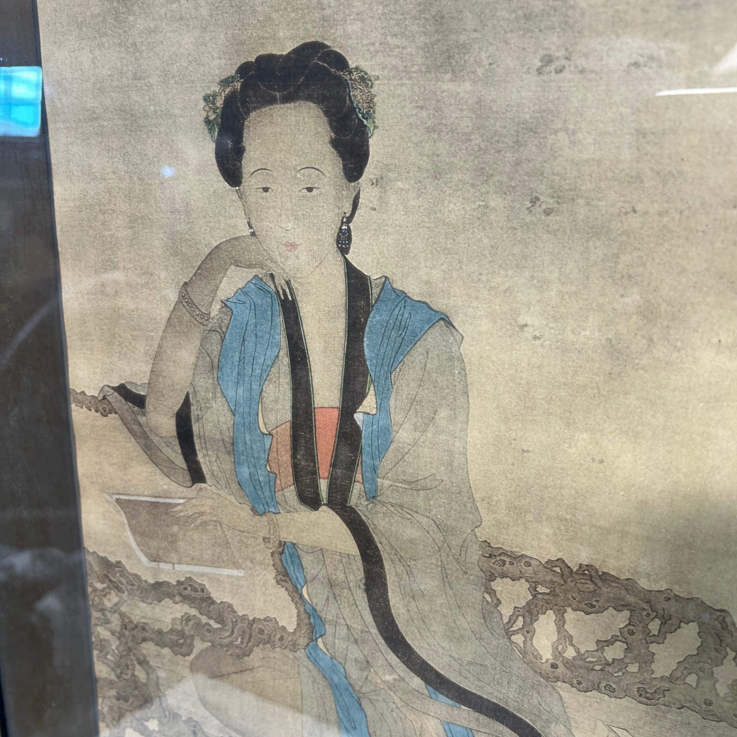 Vintage Print Of A  Woman Sitting On A Burl Furniture 17"x 27"