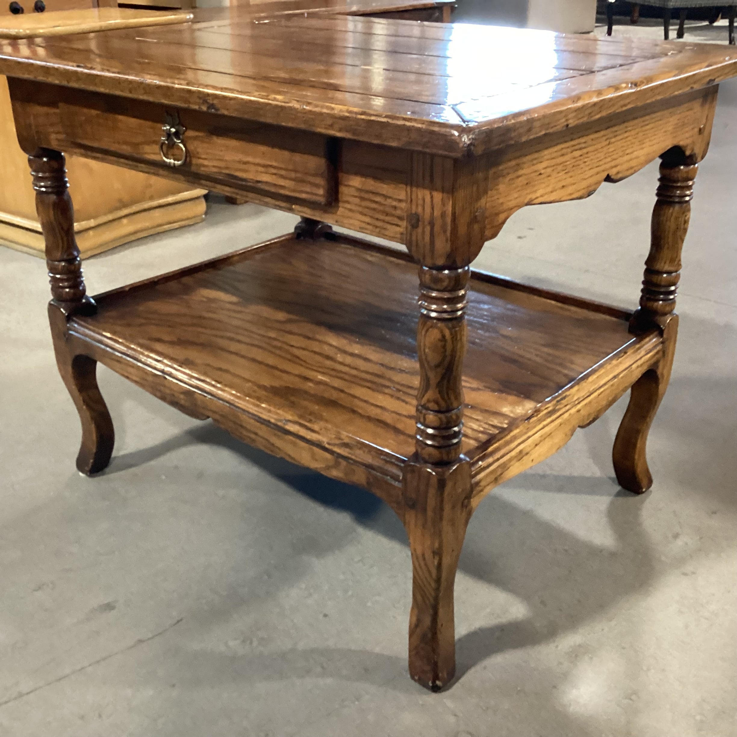 Distressed Finish Carved Oak 1 Drawer & Shelf End Table 30"x 24"x 24"