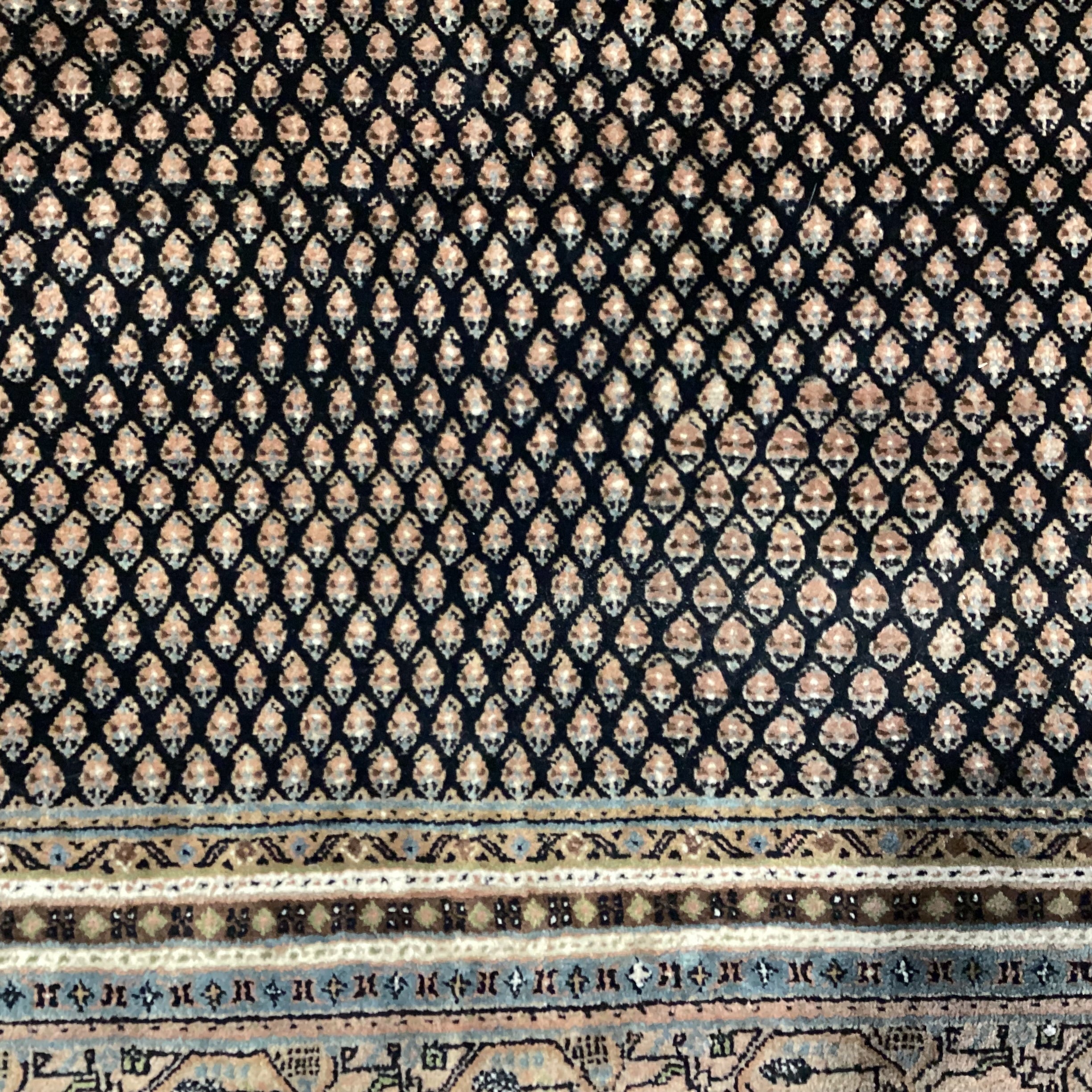 Cream Black Blue Taupe Olive Indo Mir Boteh Motif Hand Woven Wool Rug 6"x 9'4"