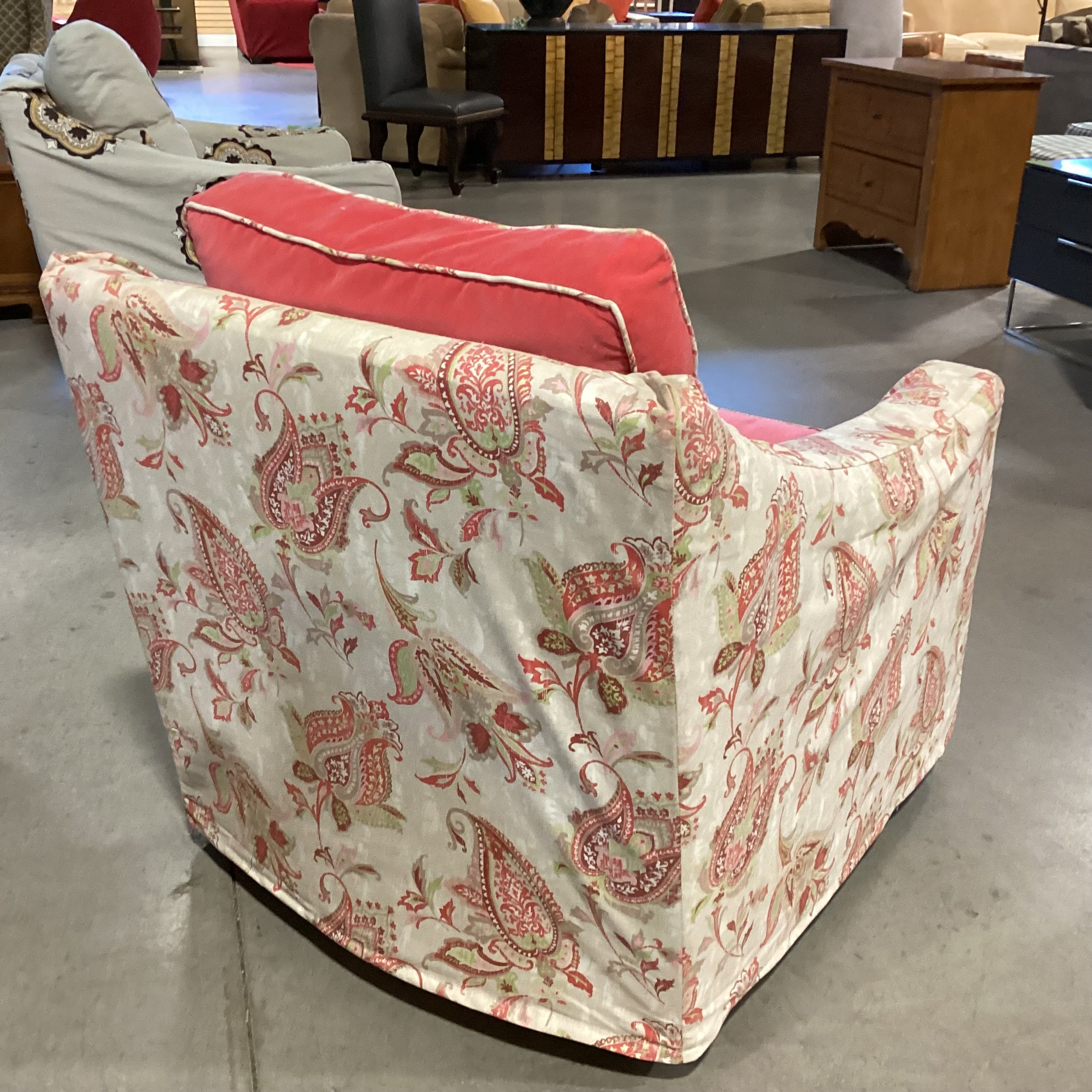 Salmon Pink Velvet with Linen Paisley Slipcover Down Mix Swivel Chair 32"x 39"x 33"