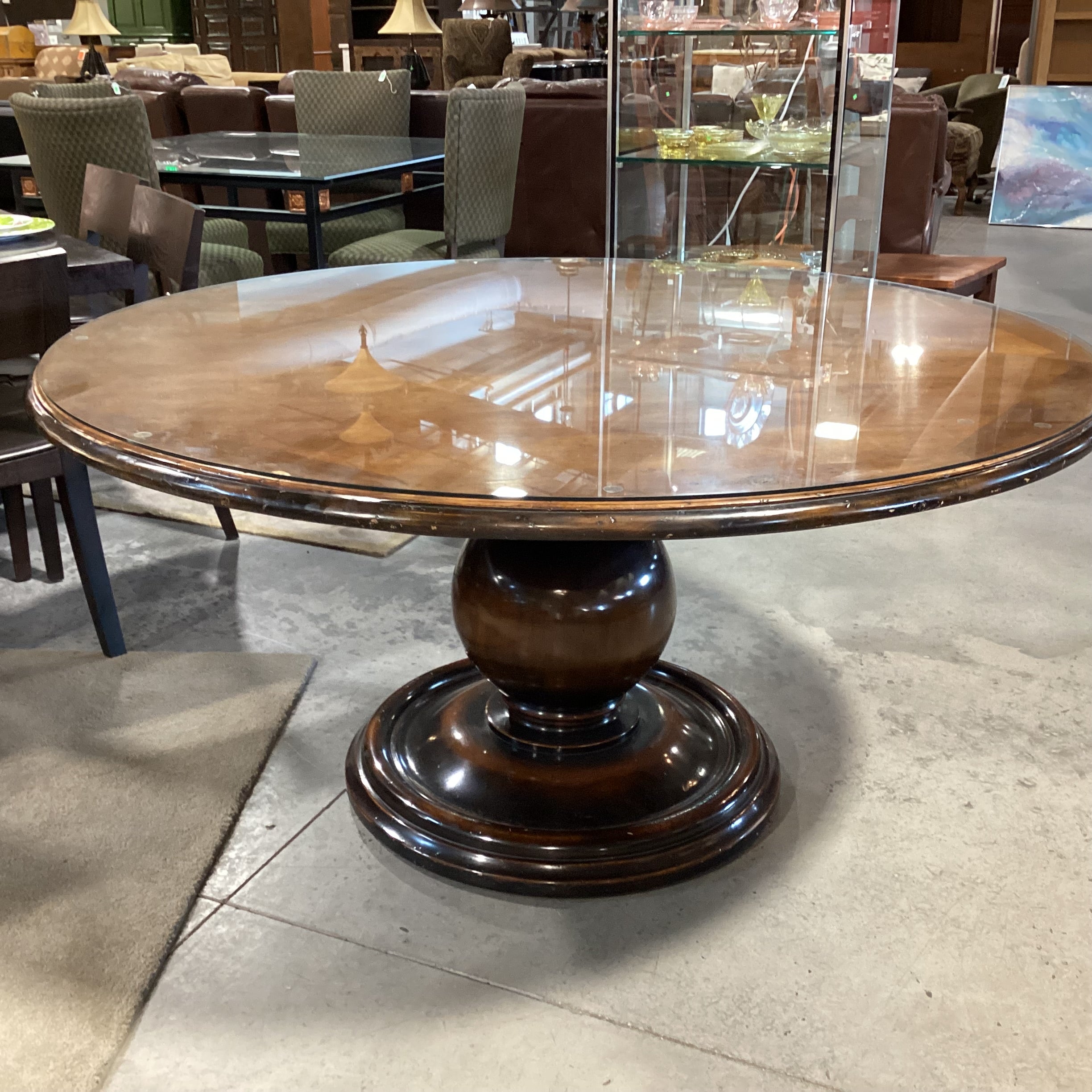 Carved Distressed Finish with Ornate Pedestal & Glass Top Round Dining Table 60" Diameter x 30"