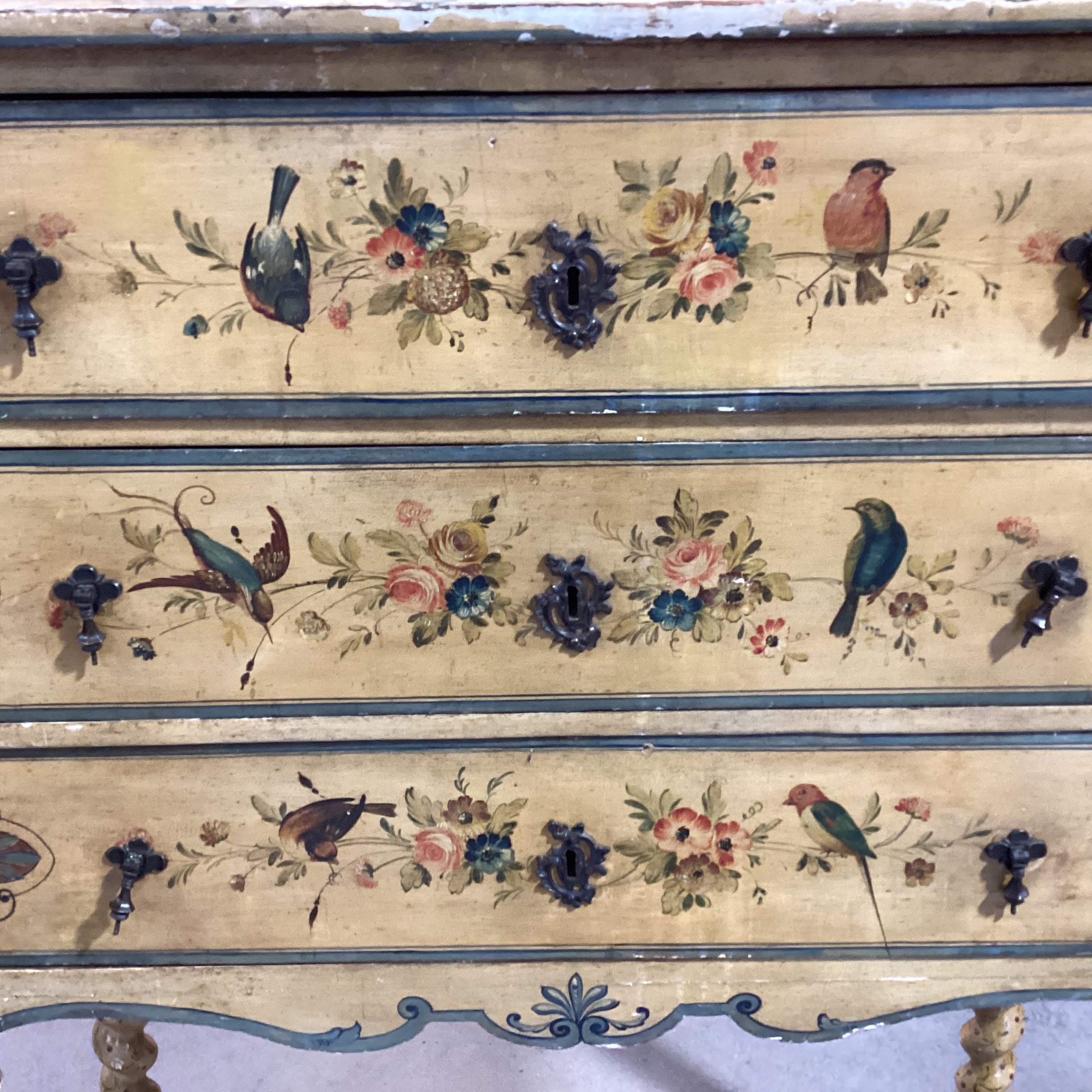 Antique Spindle Leg Hand Painted Bird & Floral 3 Drawer Chest 42"x 19"x 55"