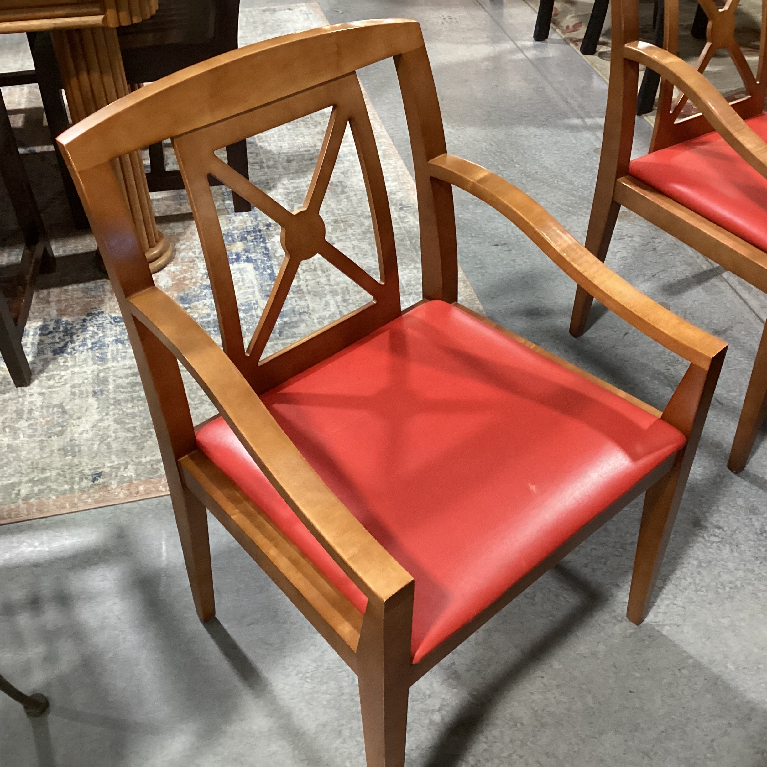Round Finished & Pressed Maple Black Leather Like Pedestal Table with 6 Red Leather Like Chairs Dining Set 48" Diameter x 29"