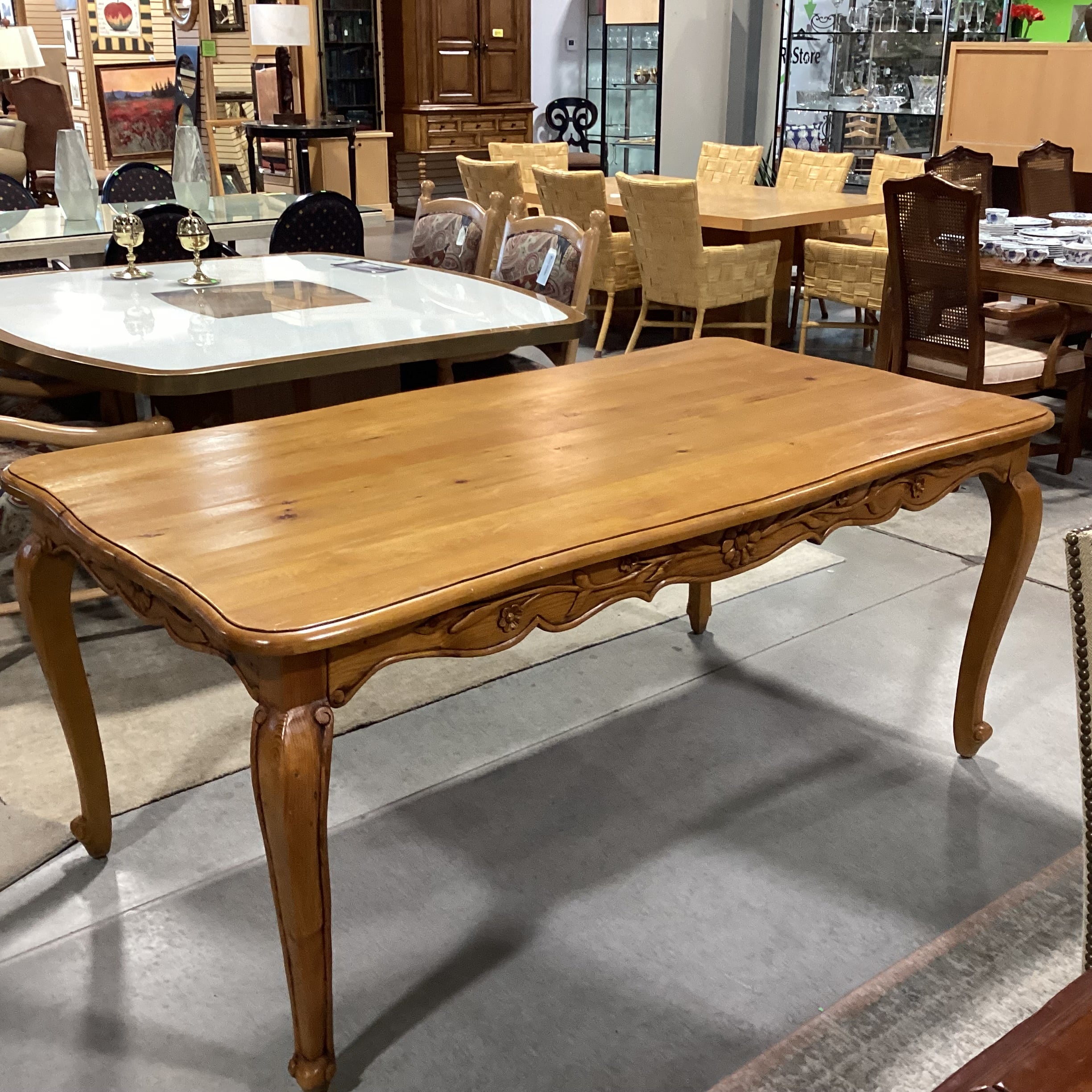 French Country with Carved Detail Finished Pine Dining Table 72"x 38.5"x 32"
