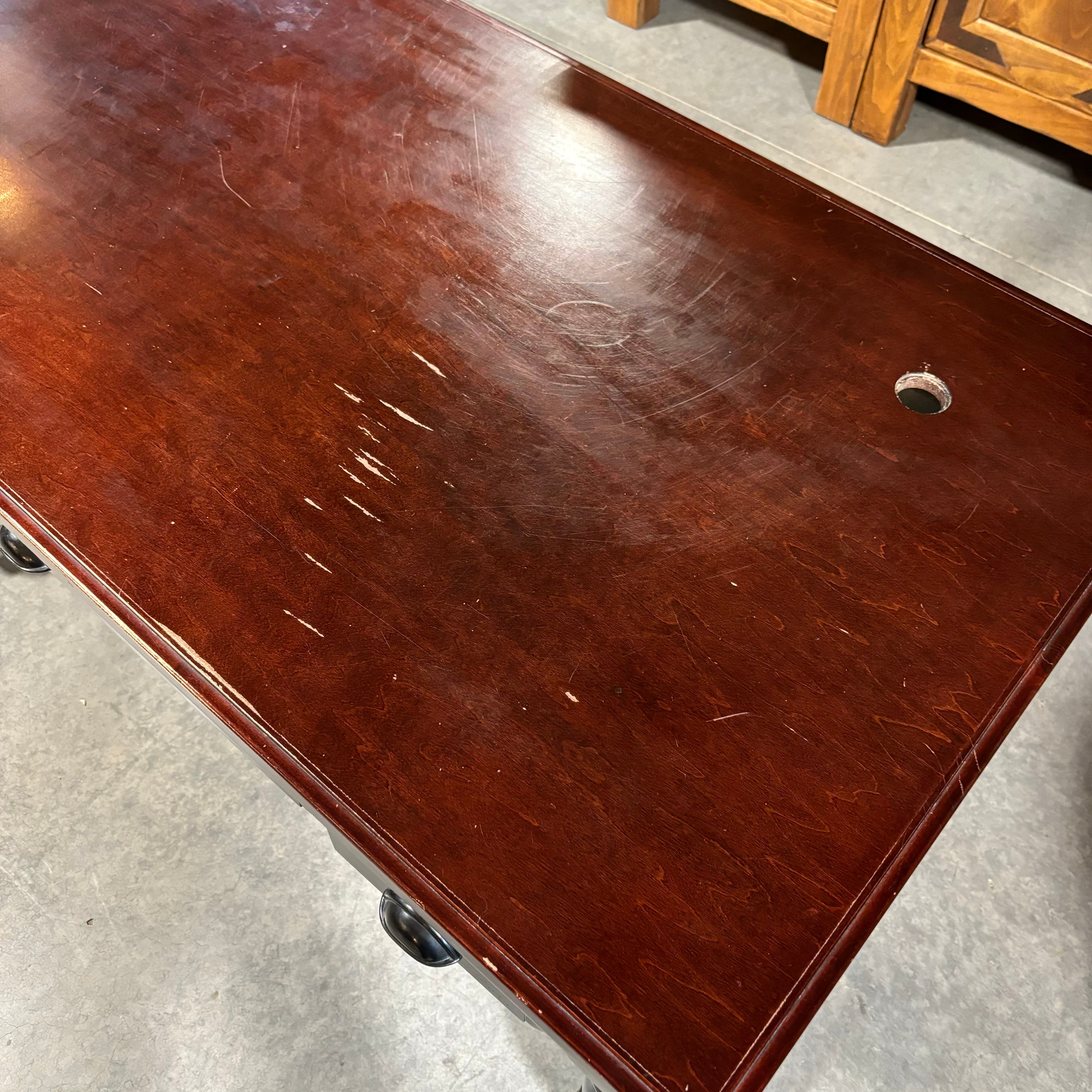 Dark Cherry Finish Top with Solid Black Wood Base 2 Drawer & Center Pullout Desk 58"x 30"x 31"