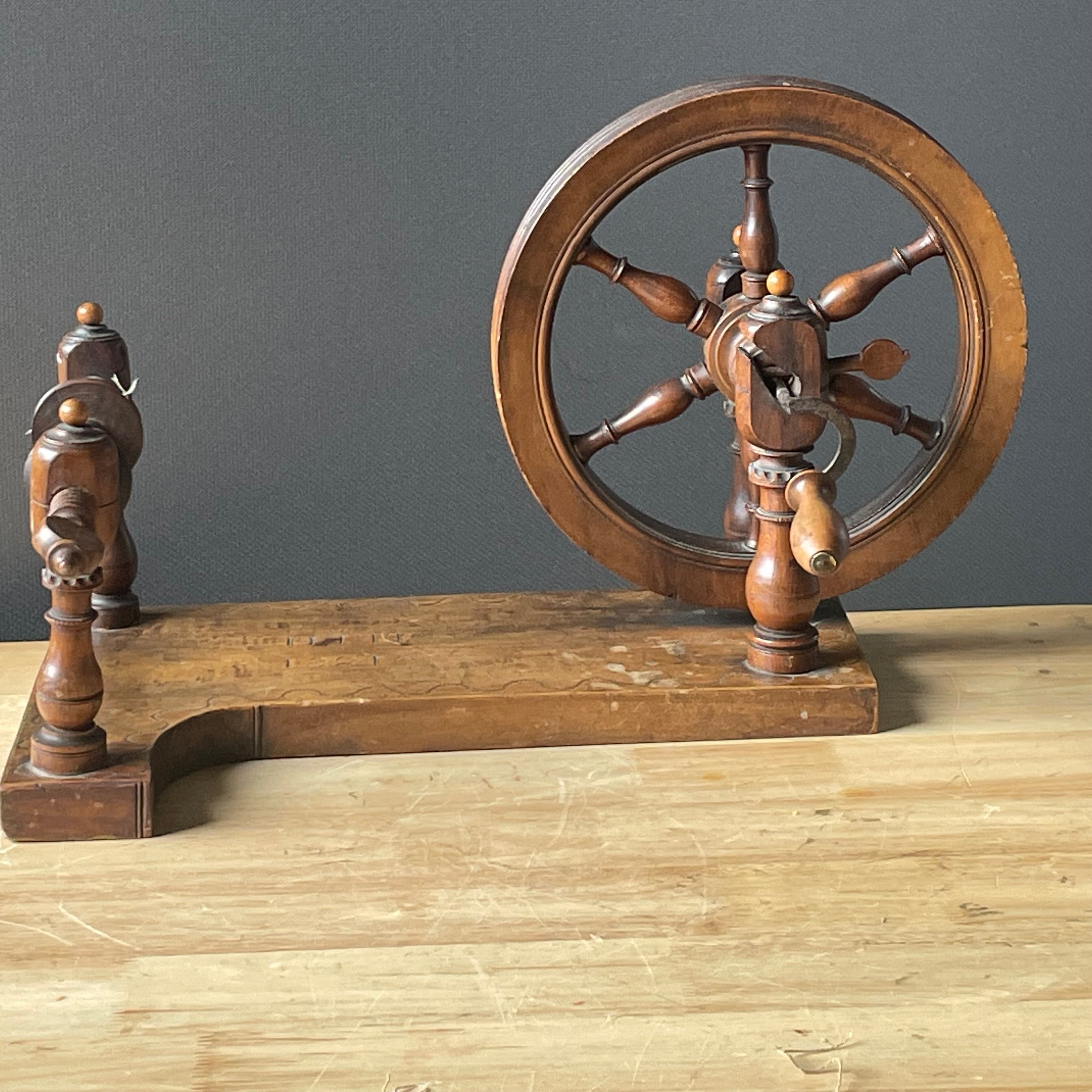 Antique 1821 Personalized Converted Wooden Tabletop Spinning Wheel, 16.5"x 9.25"x 10"