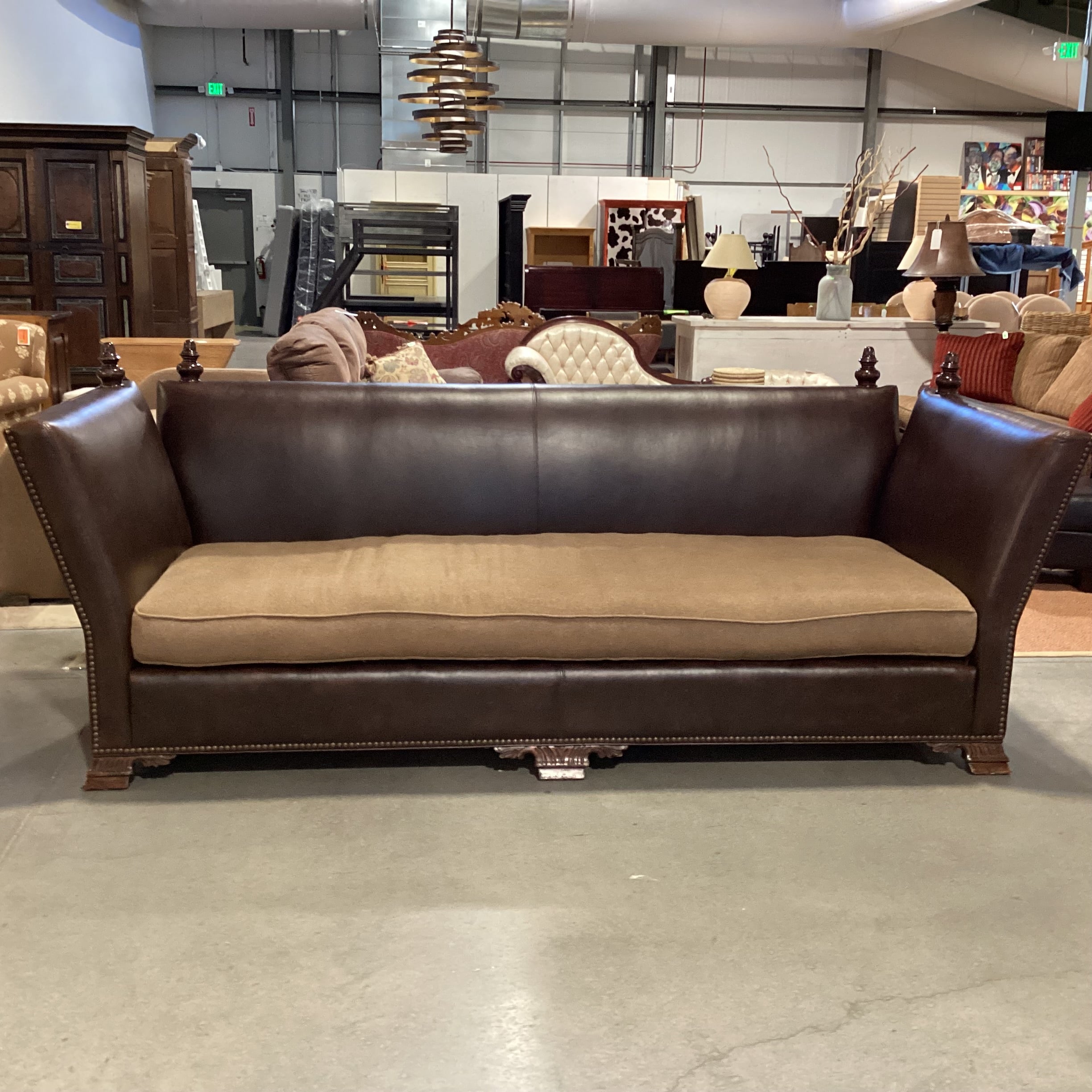Knole House Style Leather Nailhead High Back & Wool Down with Ornate Finial Sofa 110"x 45"x 43"