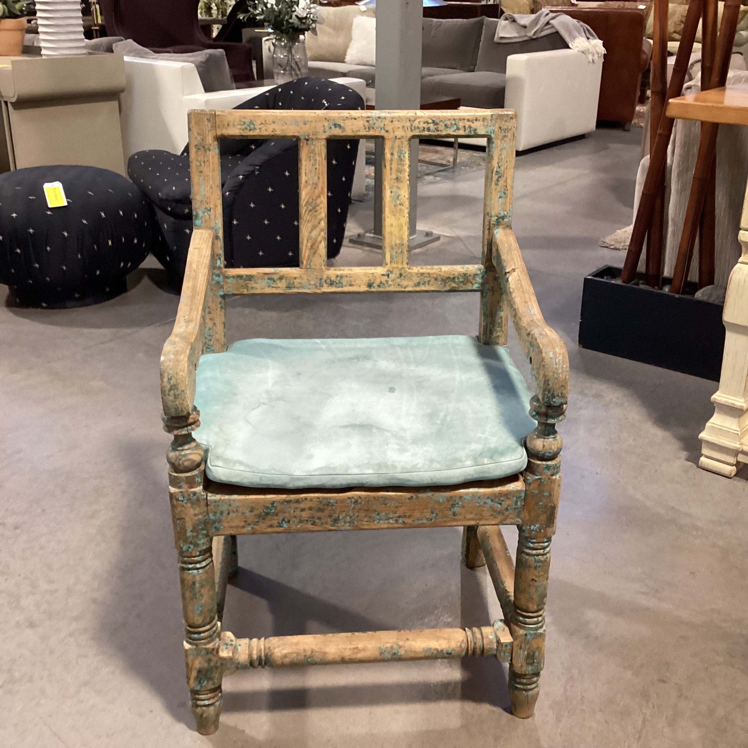 Santa Fe Style Carved Wood with Teal Distressing & Leather Cushion Chair 22.5"x 22"x 37"