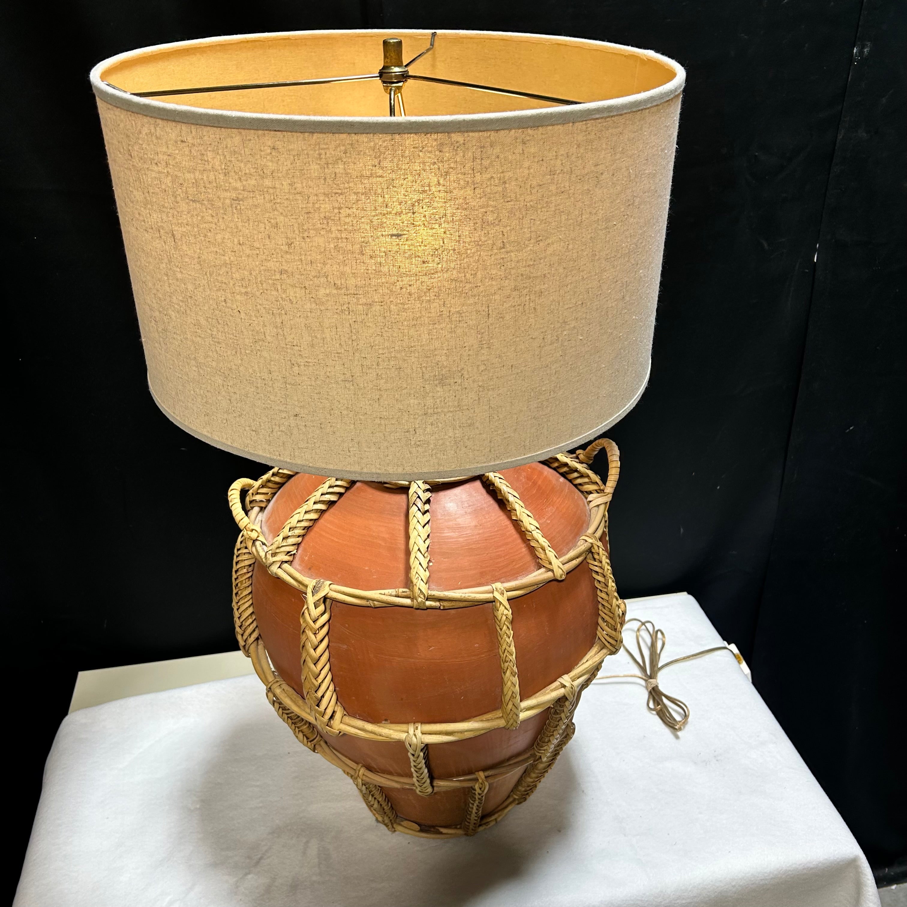 Vintage Bulbous Terracotta & Woven Rattan 16"x 33"