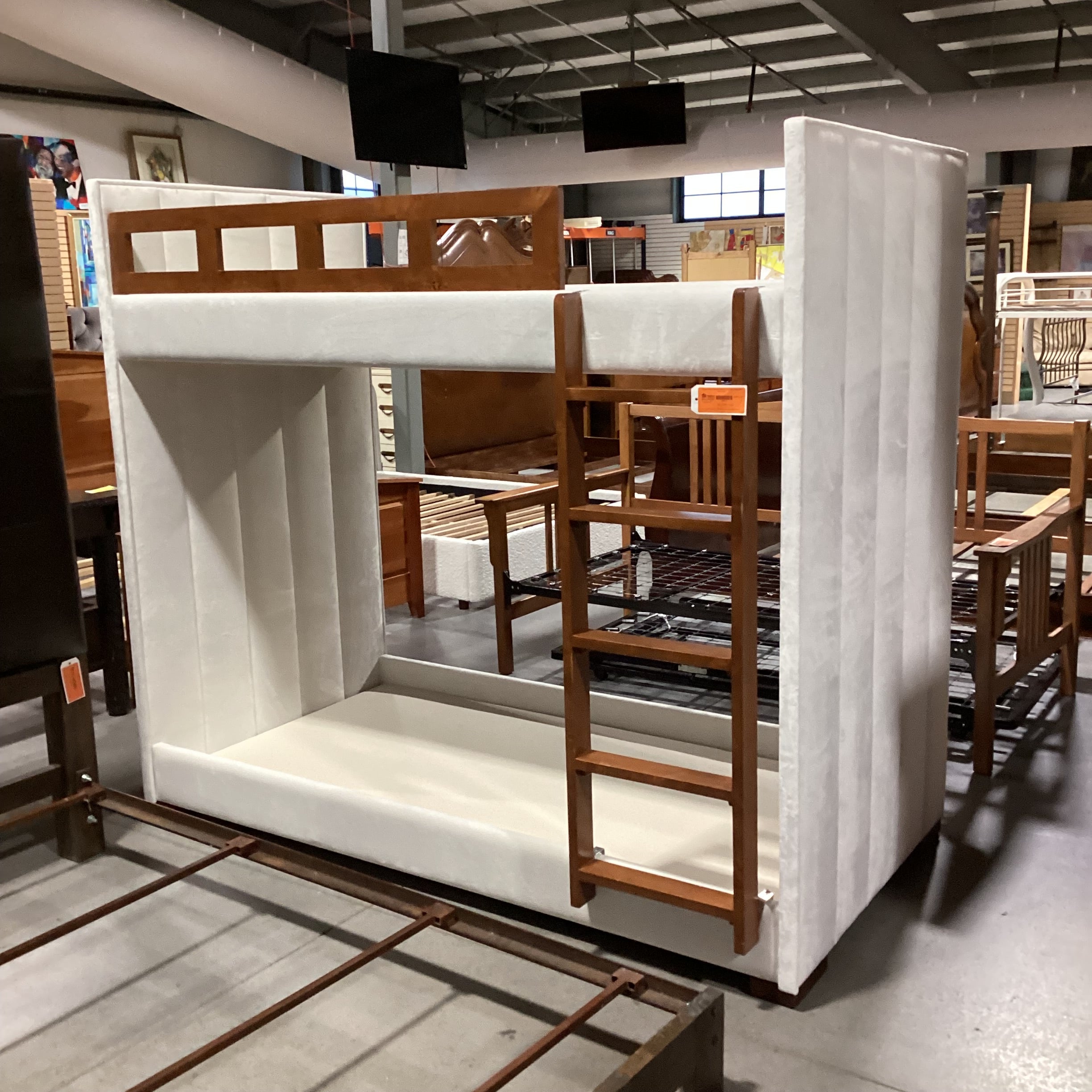 Cream Velvet Channel Tufted Twin Over Twin 84"x 46"x 74.5"