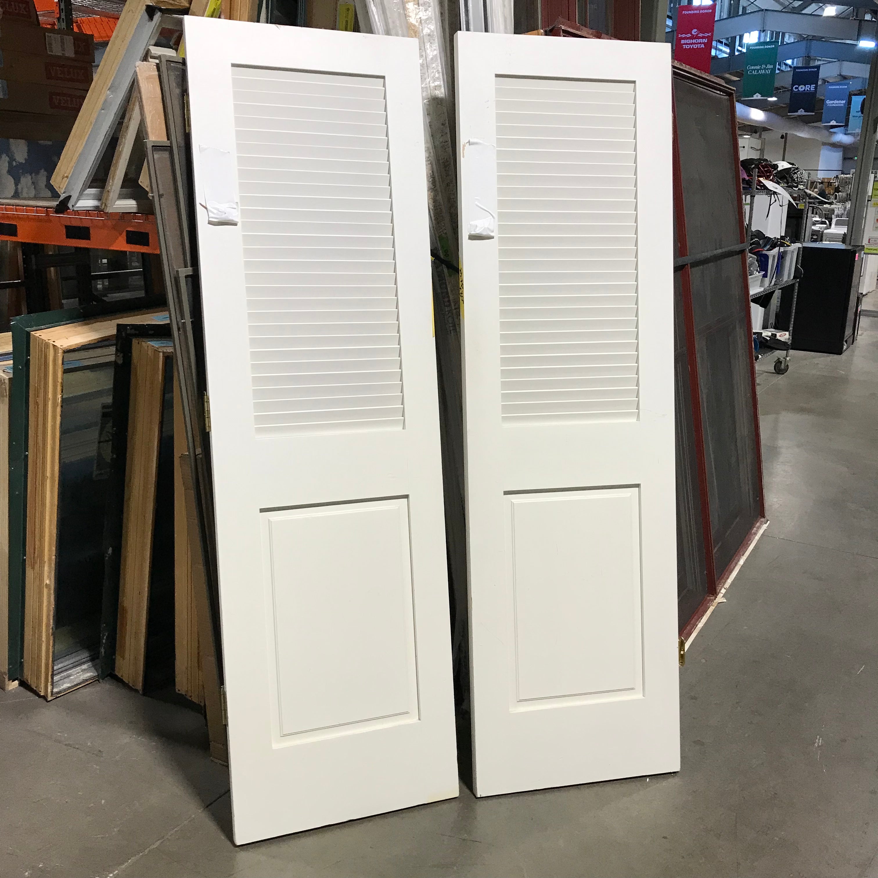 23.75"x 80"x 1.25" PAIR White 4 Square Panel Upper Panels are Louvered Interior Closet Doors with Ball Catches on Top