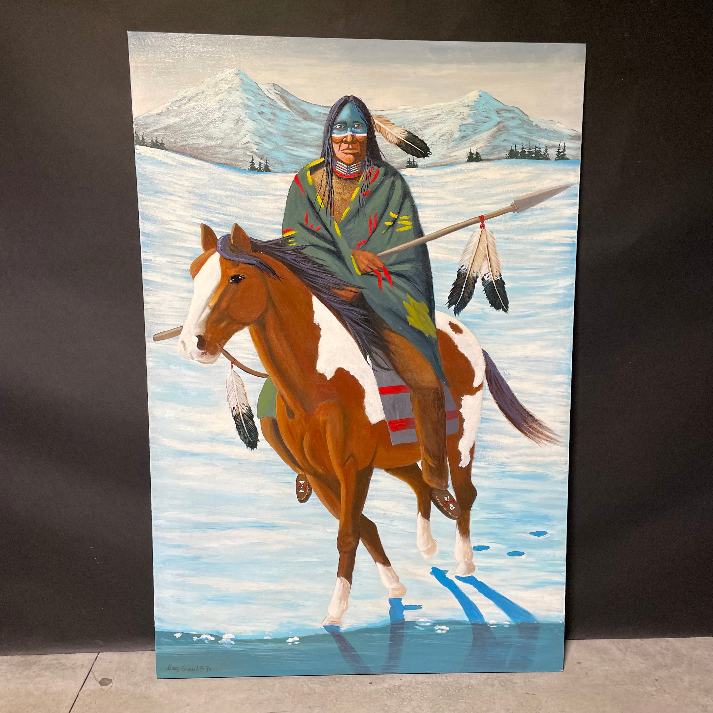 Gary Emrich Signed/Dated Original Native American On Horse Painting 48" x 72"