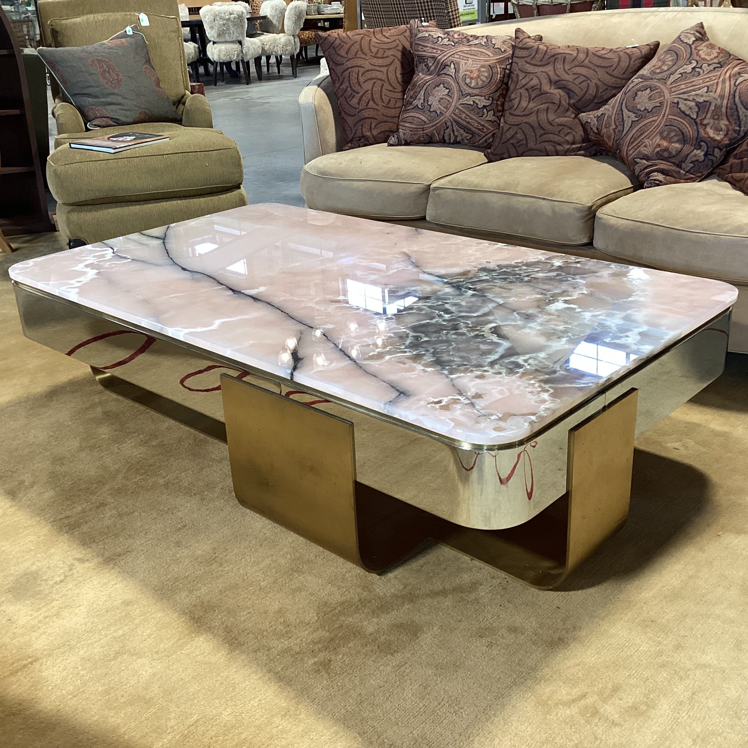 Lorin Marsh Ltd Kimono Pink Onyx Nickel Plate & Brass Custom Coffee Table 66"x 38"x 17"