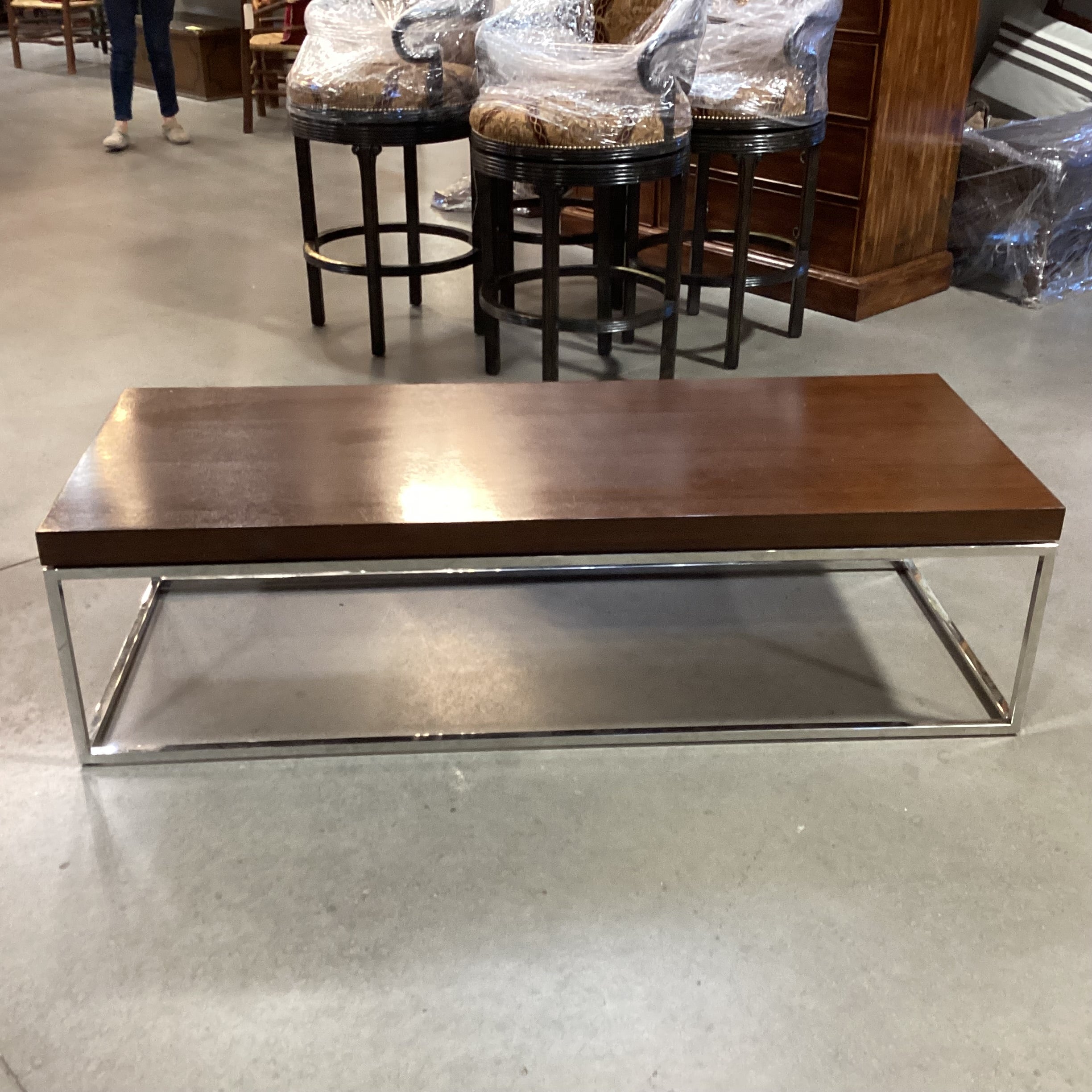 Mitchell Gold & Bob Williams Dark Finish Veneer & Chrome Coffee Table 62"x 24"x 17"