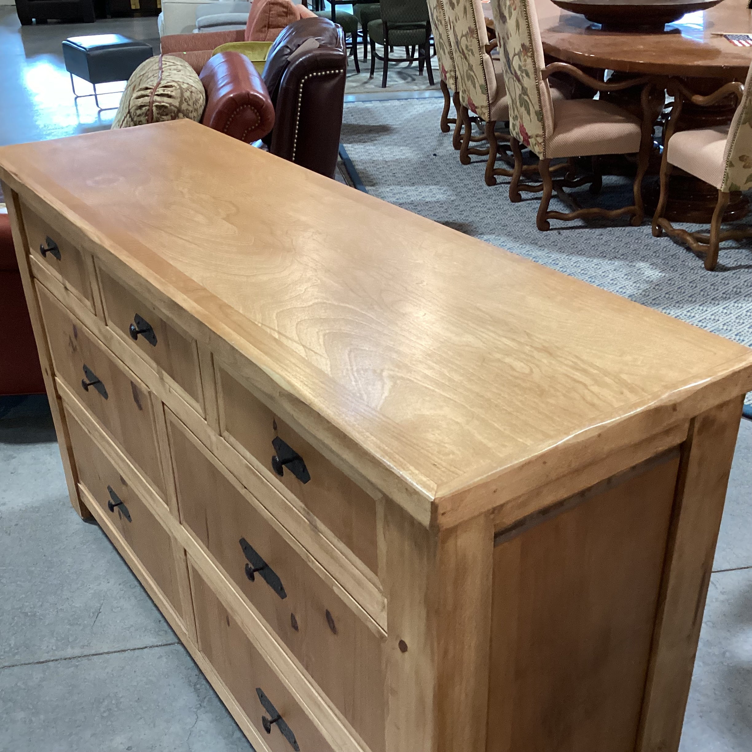 2 Tone Light Finish Solid Wood with Iron Accent 7 Drawer Dresser 64"x 19"x 38"